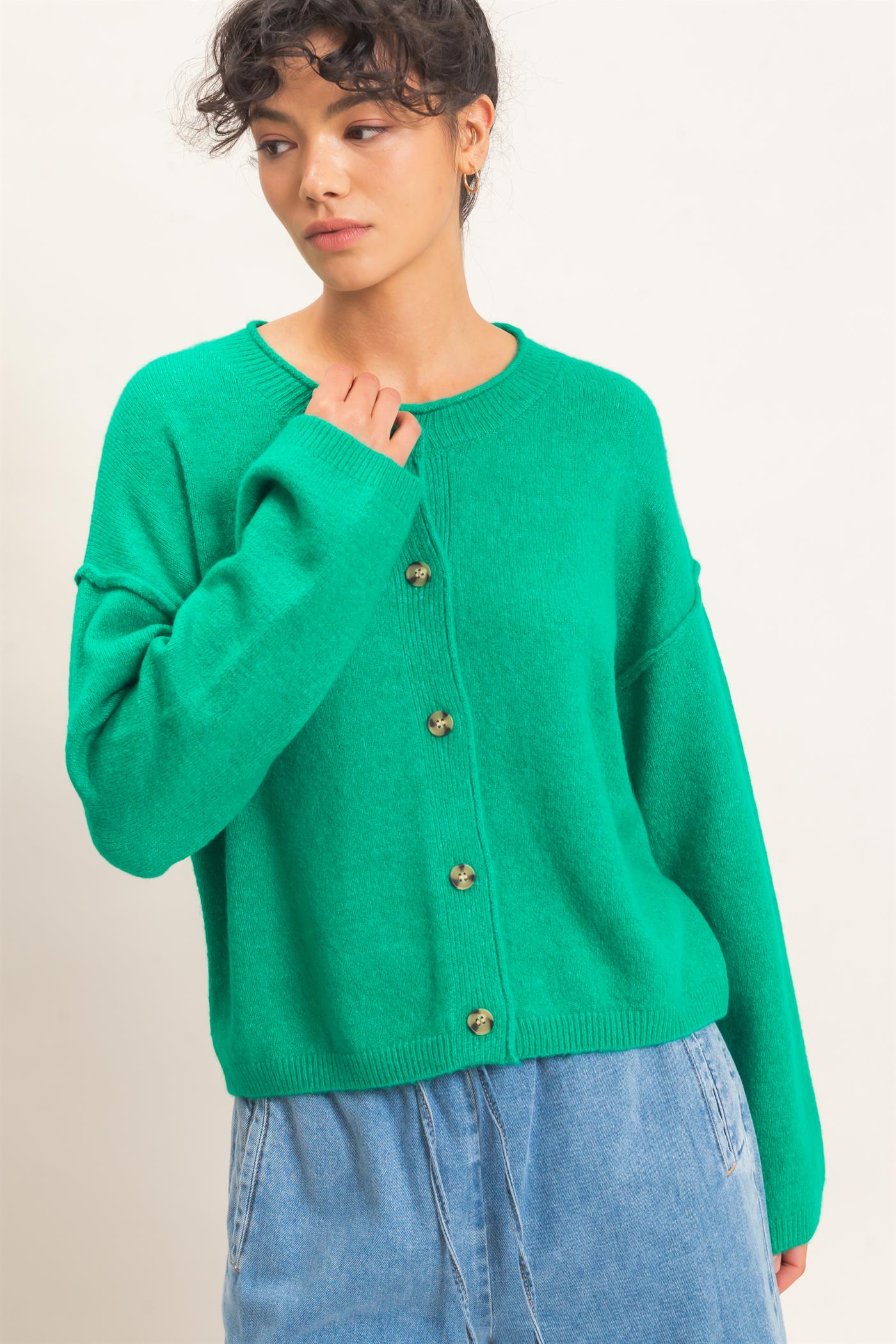 Wholesale Crew Neck Loose Fit Cardigan Cardigans DZ26E269 EMERALD DOUBLE ZERO