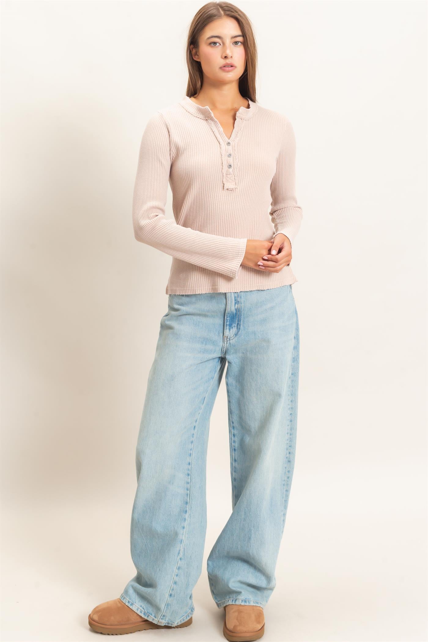 Wholesale Mineral Wash Waffle Henley Long Sleeve Top Clothing Tops DZ26E243 DARK TAUPE DOUBLE ZERO