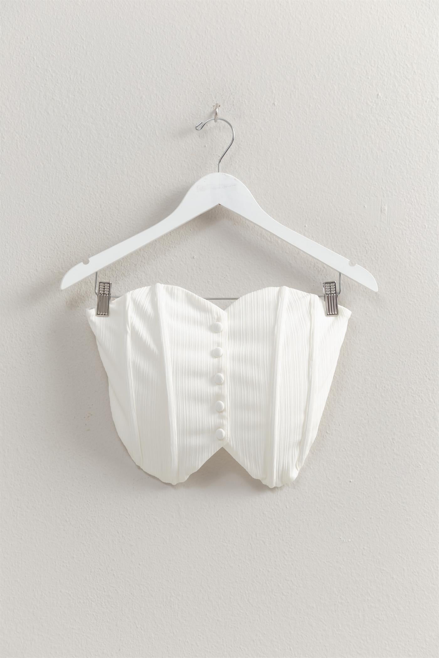 Wholesale Buttoned Front Strapless Knit Bustier Top Clothing Tops HF25A209 WHITE HYFVE
