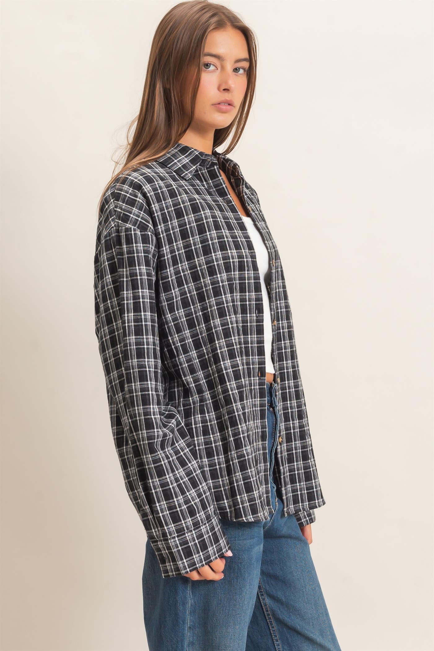 Wholesale Plaid Oversized Shirt Shirts DZ26F062 BLACK DOUBLE ZERO