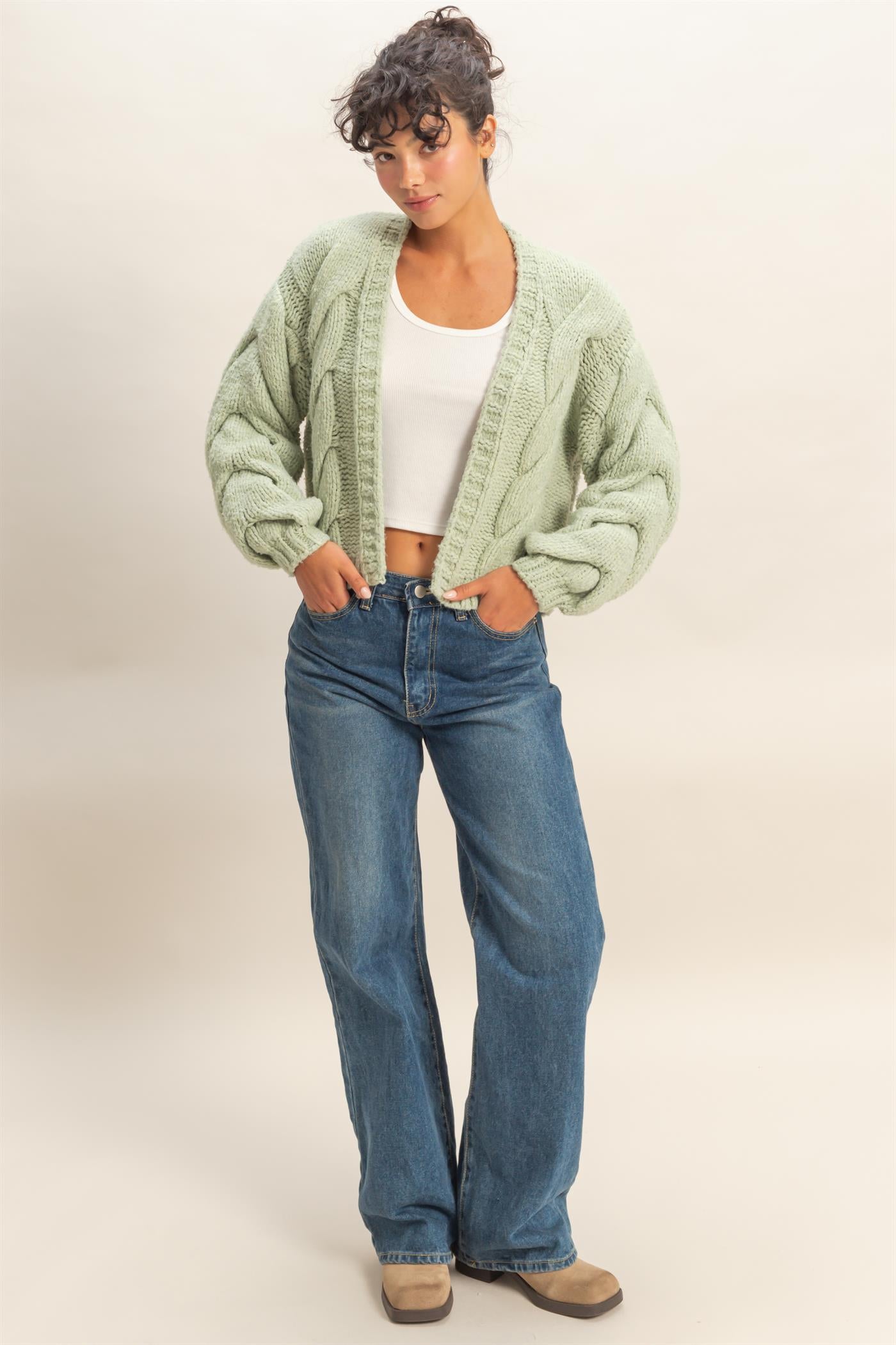 Wholesale Oversized Cable Knit Open Front Cardigan Sweater Cardigans DZ25F072 SAGE GREEN DOUBLE ZERO