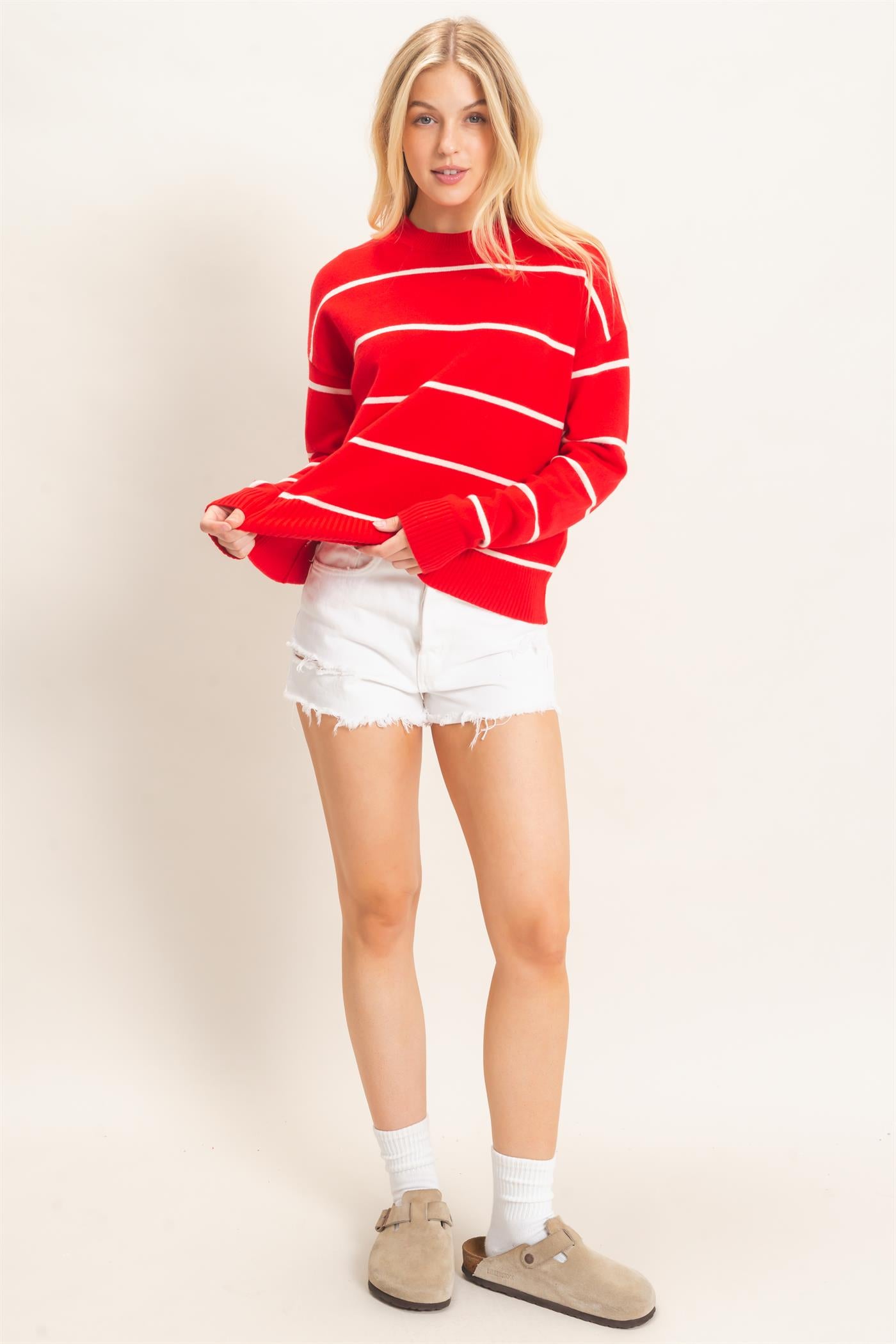 Wholesale Striped Ribbed Crew Neck Sweater Sweaters HF26F169 RED HYFVE