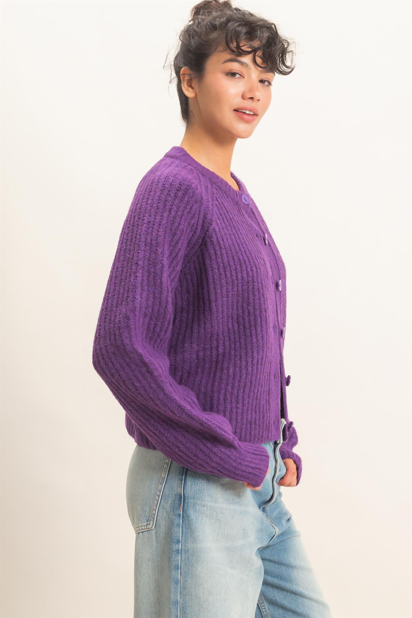 Wholesale Ribbed Button Front Cardigan Cardigans DZ26E109 PLUM DOUBLE ZERO