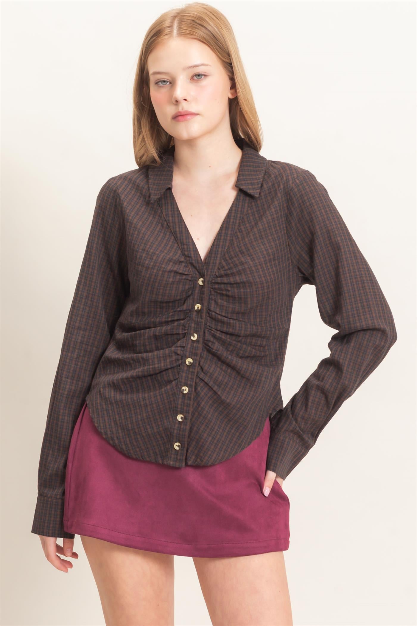 Wholesale Ruched Button-Down Shirt Blouses HF26E348 BROWN HYFVE