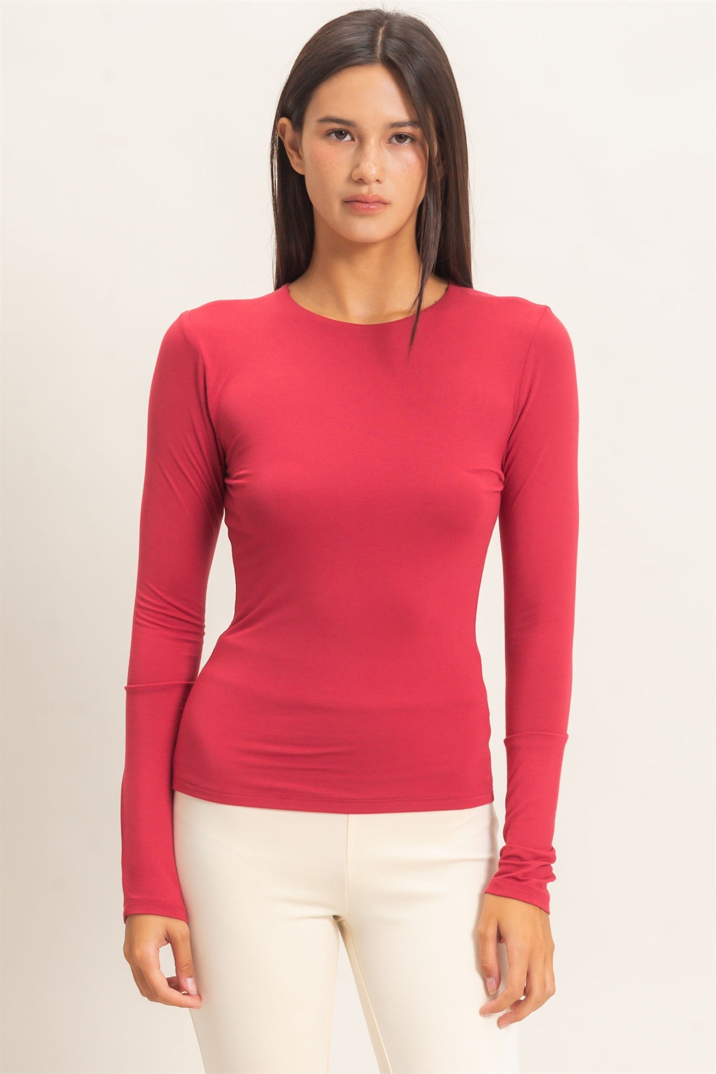 Wholesale Crew Neck Long Sleeve Top Clothing Tops DZ26E978 DARK RED DOUBLE ZERO