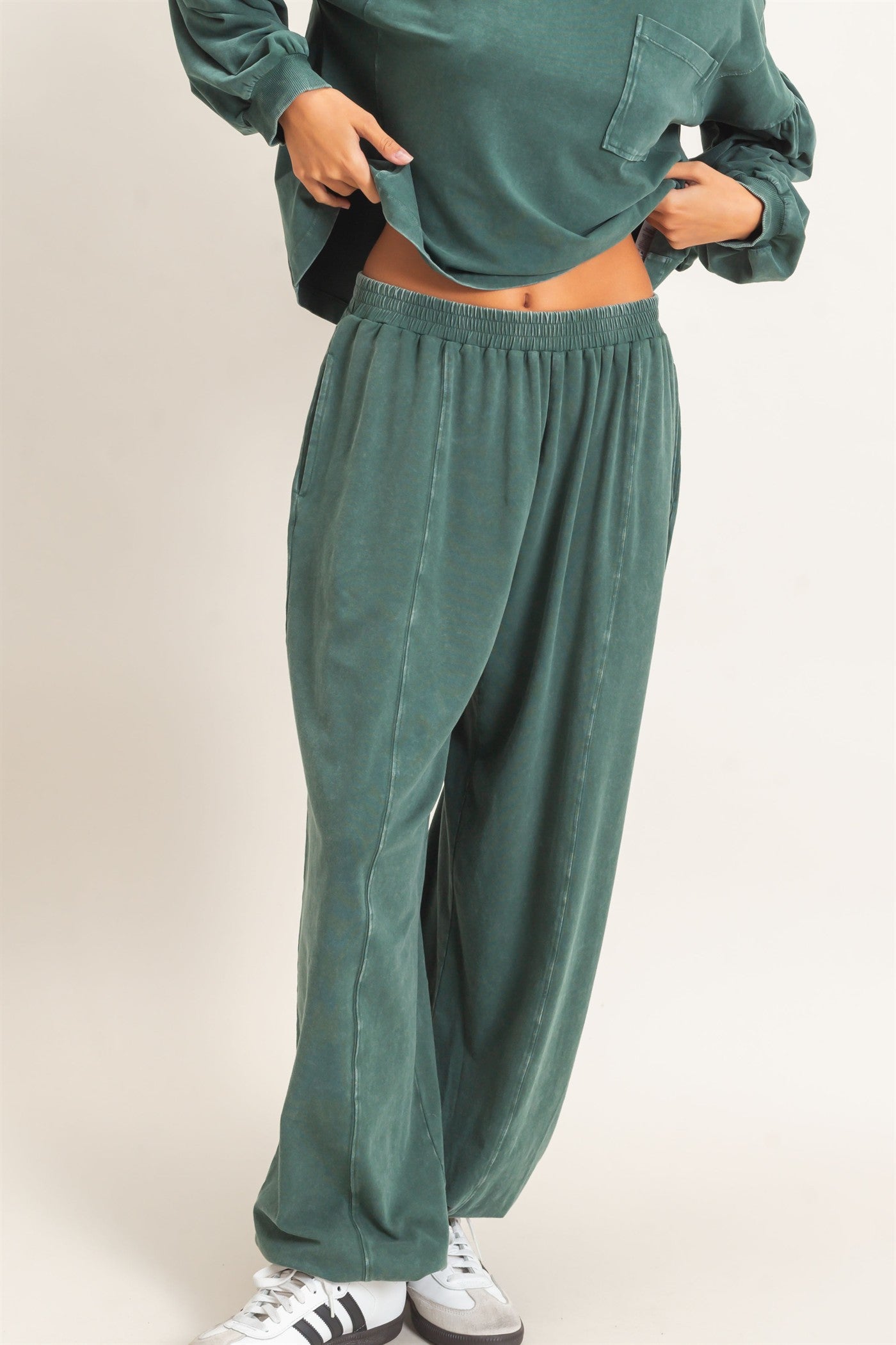 Wholesale Mineral Wash Elastic Waist Jogger Pants Joggers DZ26F405 DARK GREEN DOUBLE ZERO