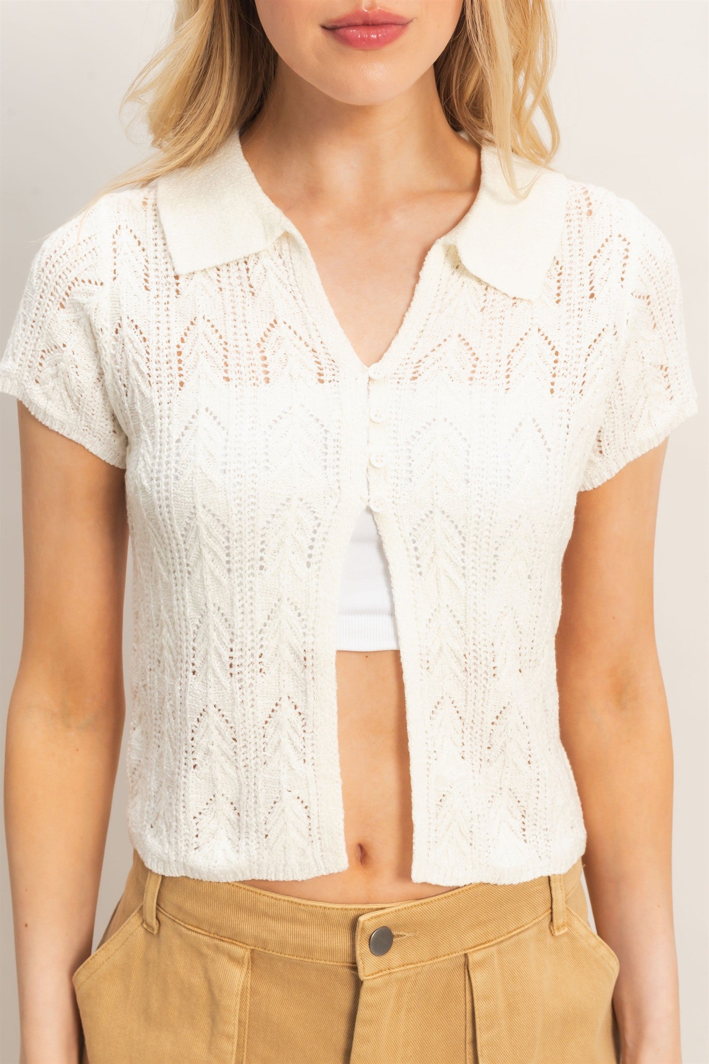 Wholesale Pointelle Knit Collared Cardigan Clothing Tops HF26A856 IVORY HYFVE