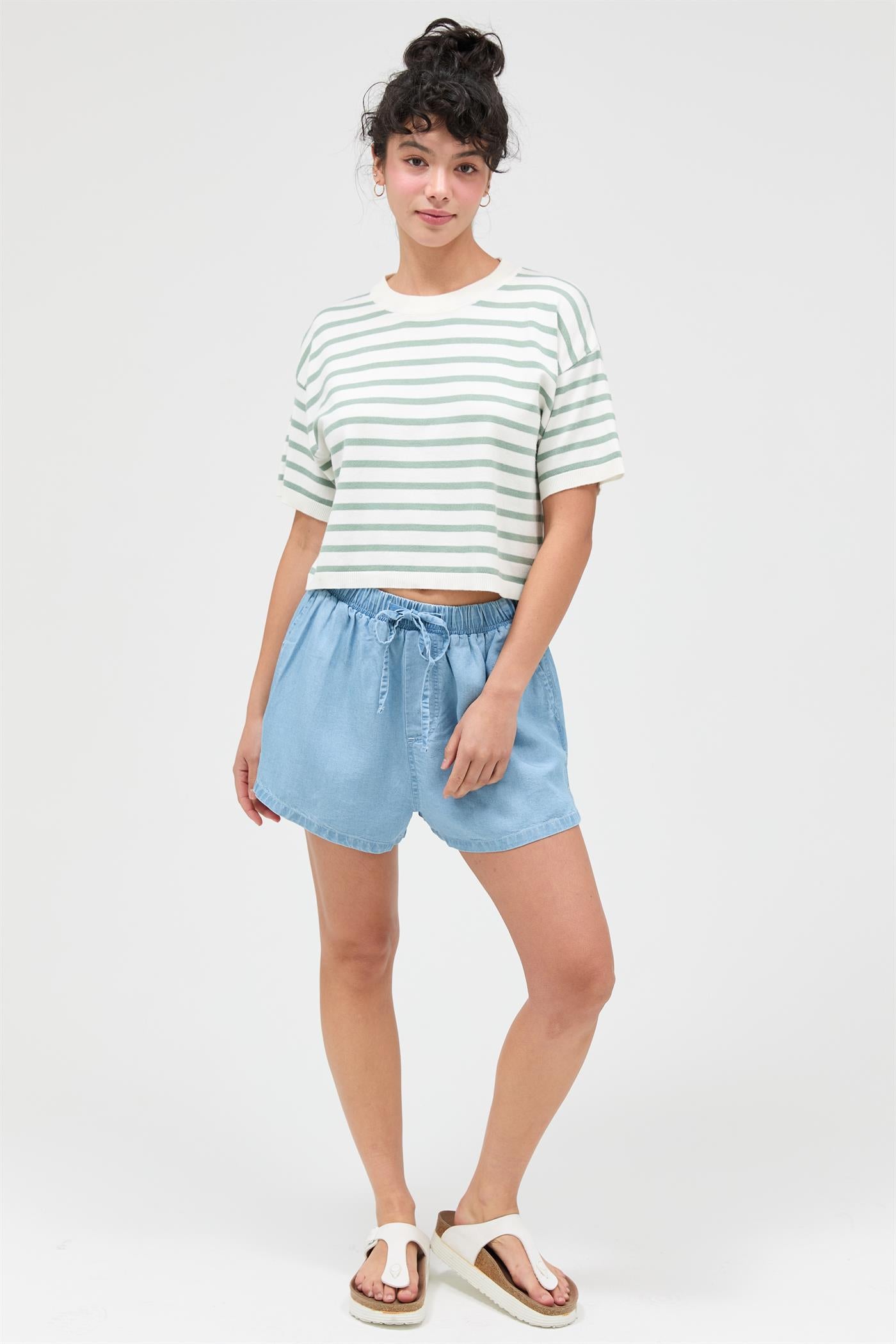 Wholesale Round Neck Striped Crop Top Clothing Tops DZ26A051 SAGE GREEN DOUBLE ZERO