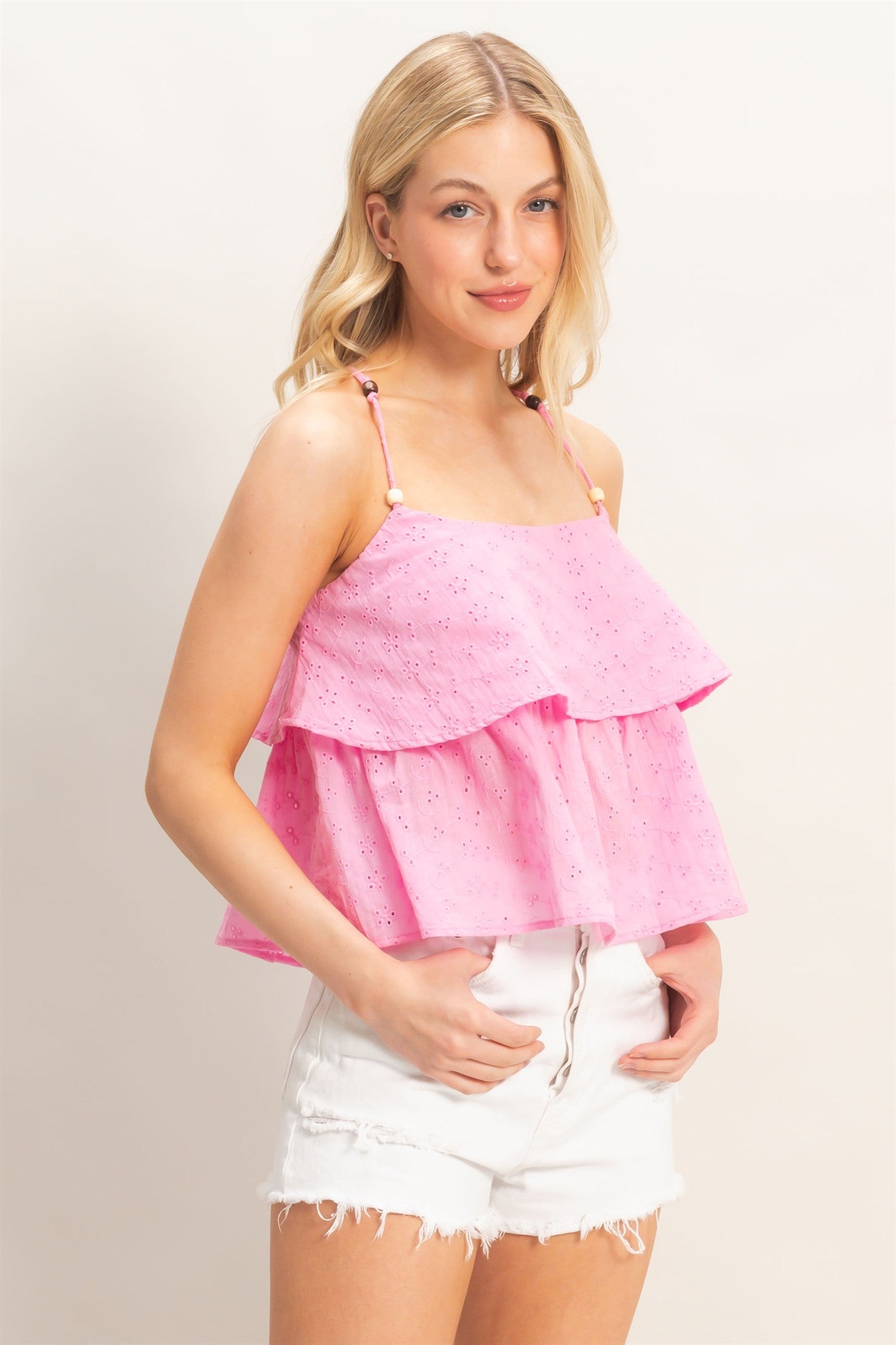 Wholesale Tiered Floral Eyelet Top Blouses HF26A852 PINK HYFVE