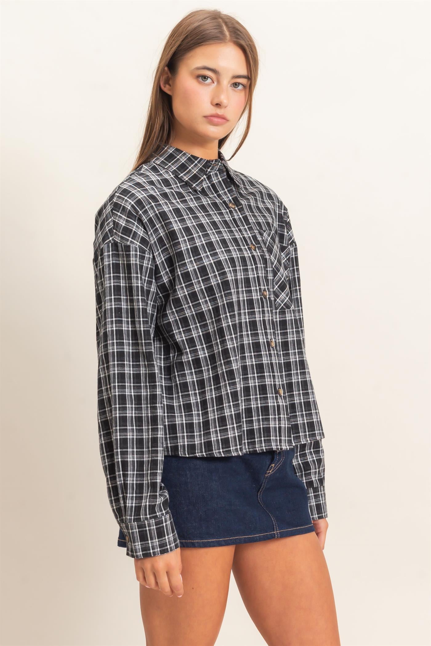 Wholesale Plaid Button-Up Shirt Clothing Tops DZ26E395 BLACK DOUBLE ZERO