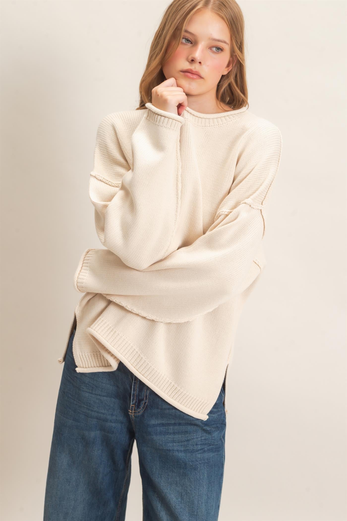 Wholesale Ribbed Crew Neck Sweater Sweaters HF26E769 SAND IVORY HYFVE
