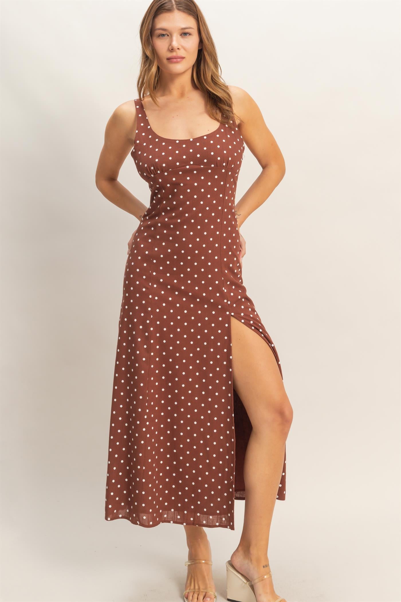 Wholesale Polka Dot Scoop Neck Midi Dress Dresses HF26C268-D CHESTNUT HYFVE