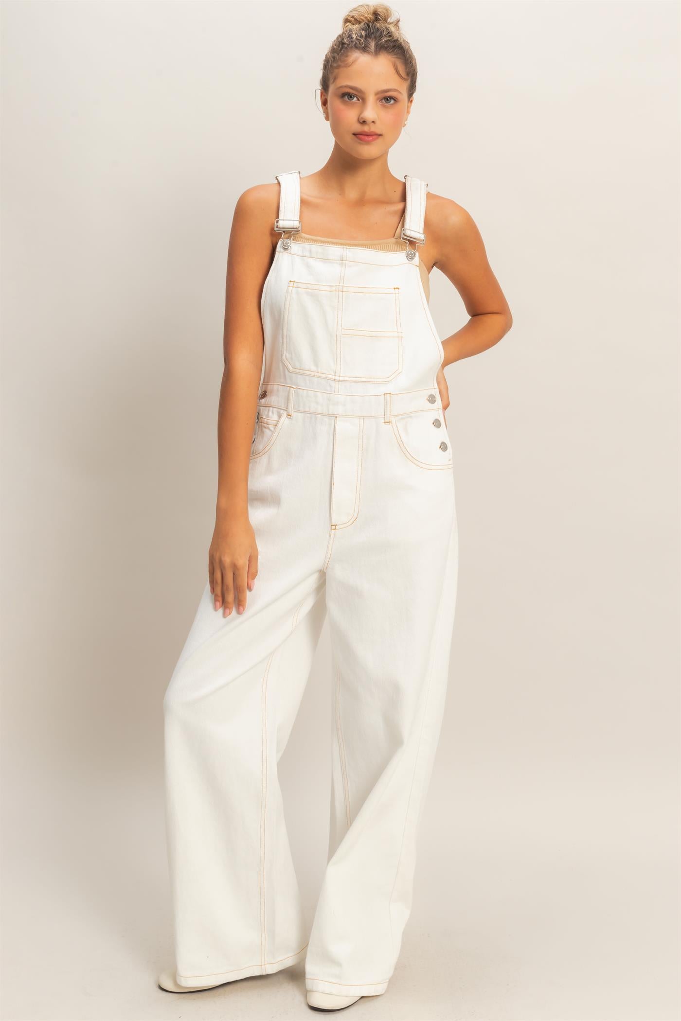 Wholesale Snow Wash Denim Overalls Clothing HF26C185 WHITE DENIM HYFVE