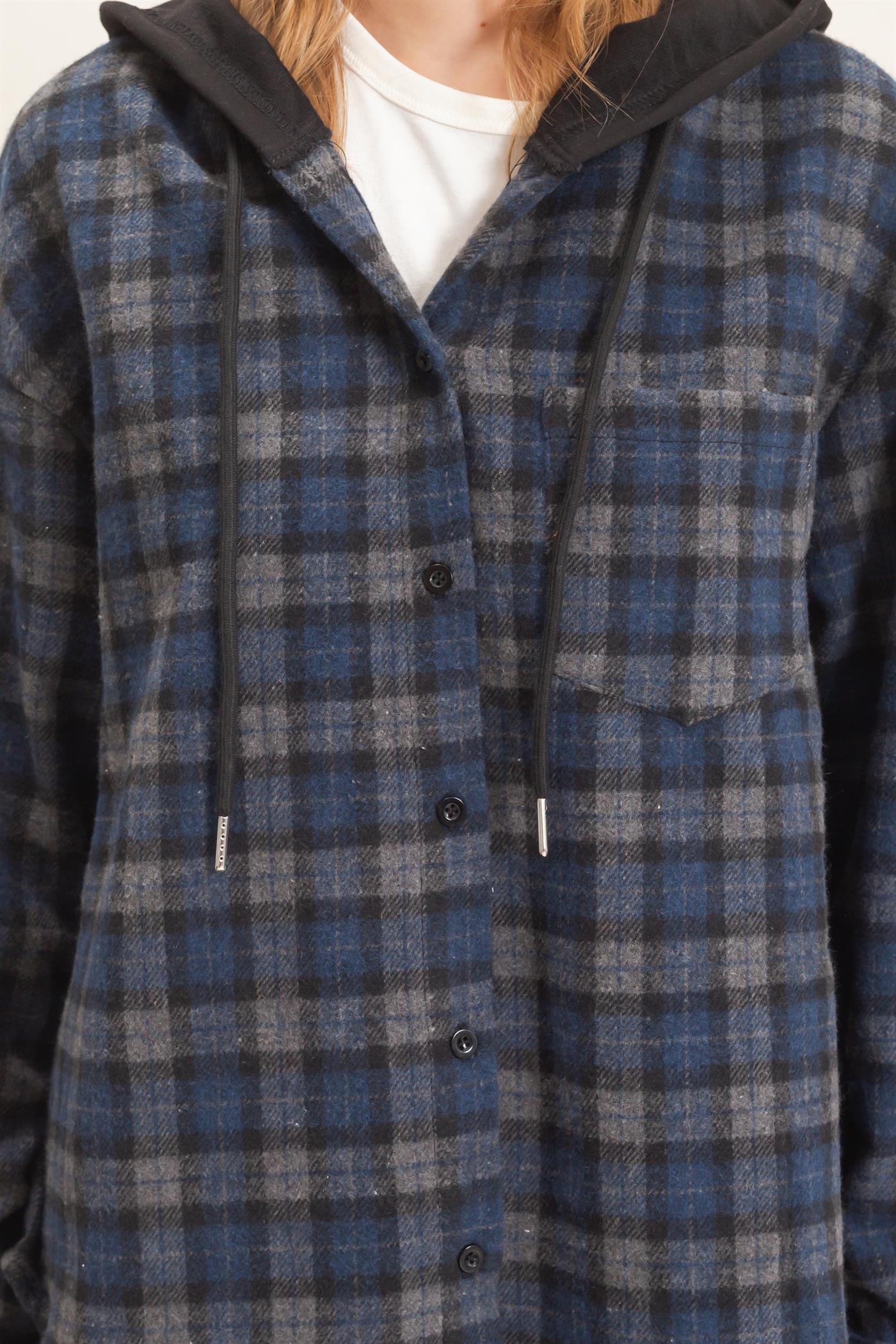 Wholesale Hooded Plaid Button-Up Shirt Shirts HF26F018 NAVY HYFVE