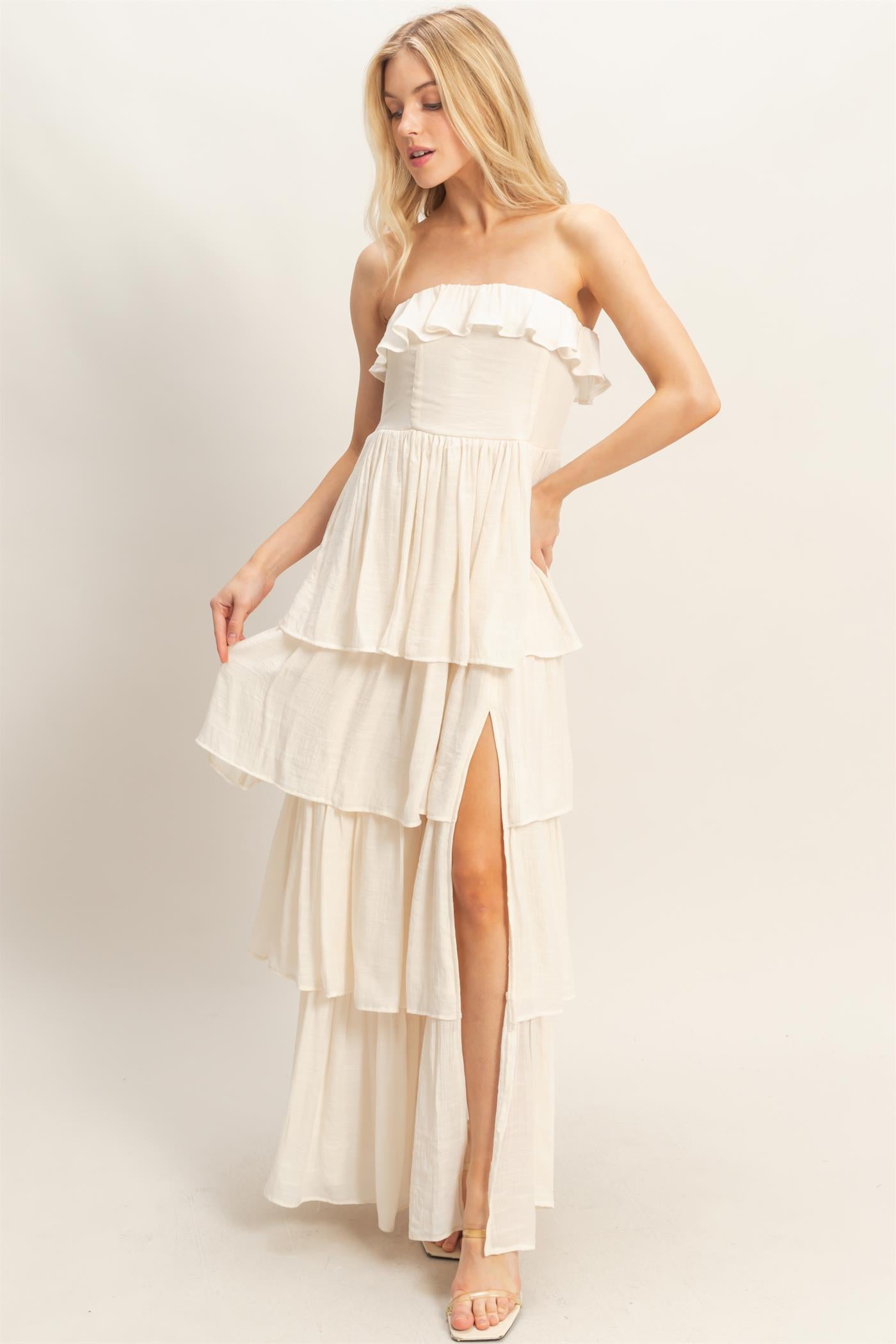 Wholesale Tiered Strapless Ruffle Dress Dresses HF26A616-D CREAM HYFVE