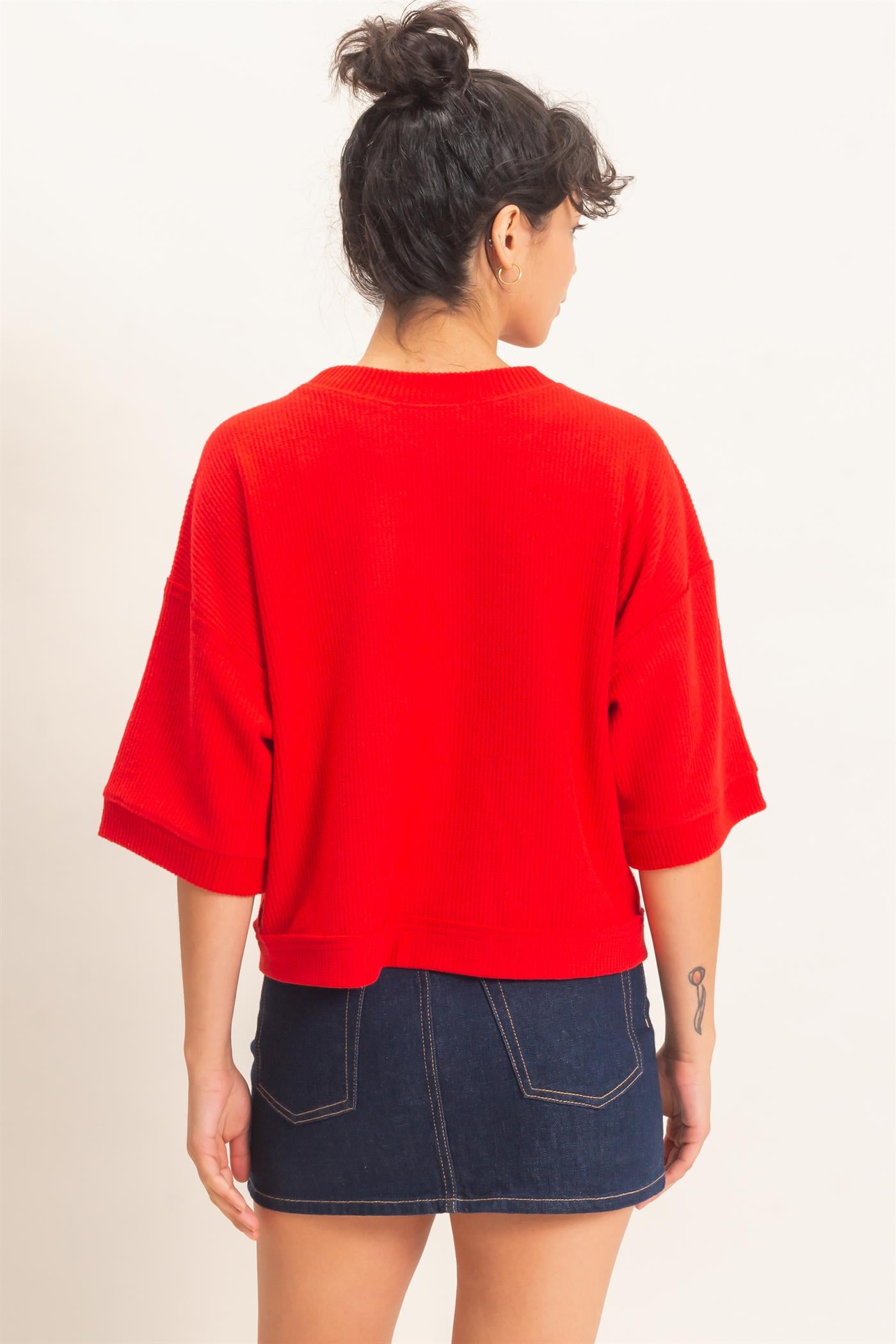 Wholesale Button-Down Short Sleeve Waffle Top Clothing Tops DZ26F244 RED DOUBLE ZERO