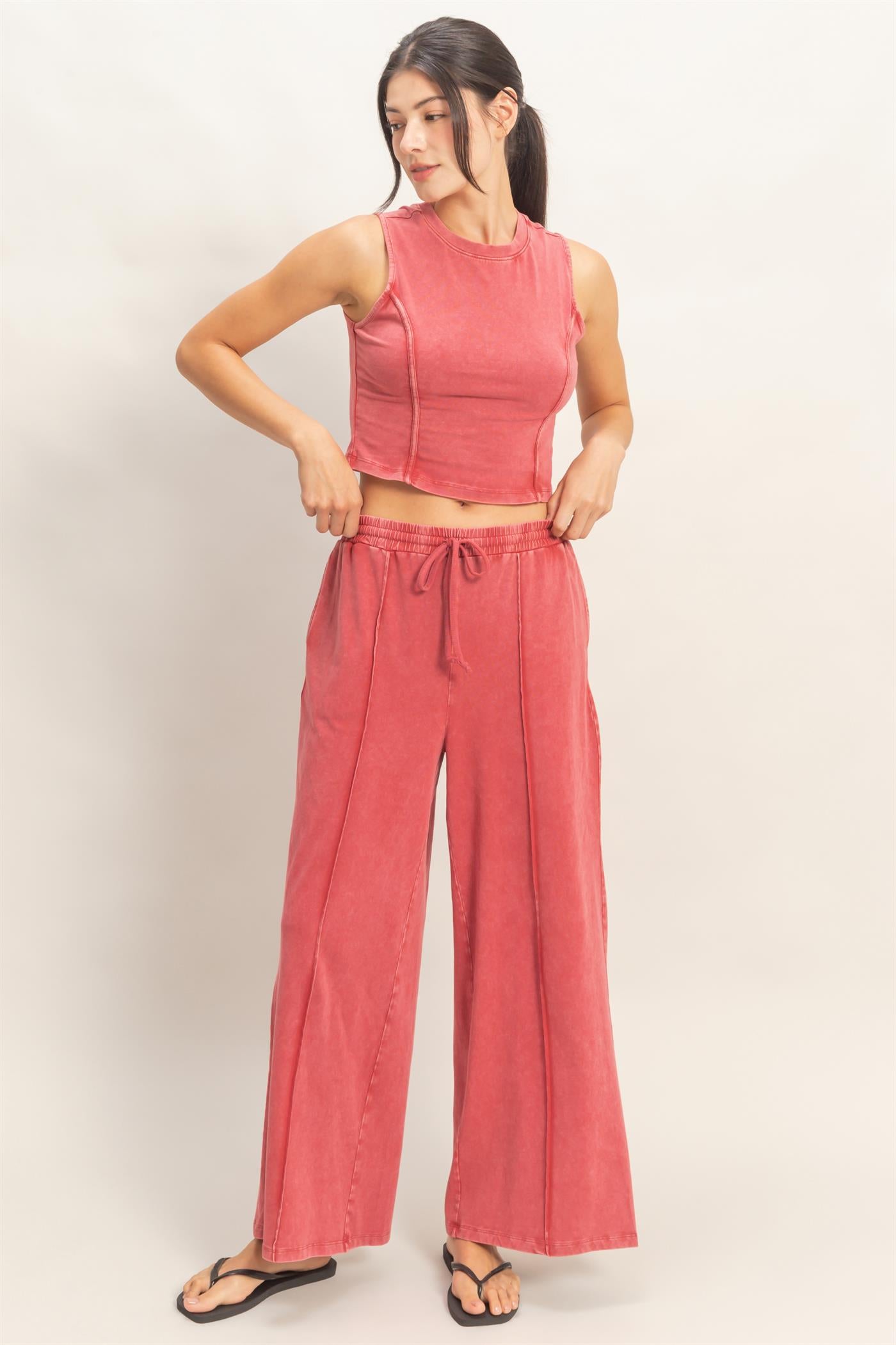 Wholesale Mineral Washed Sleeveless Top & Wide Leg Pants Set Clothing DZ26A371-SET DARK RED DOUBLE ZERO