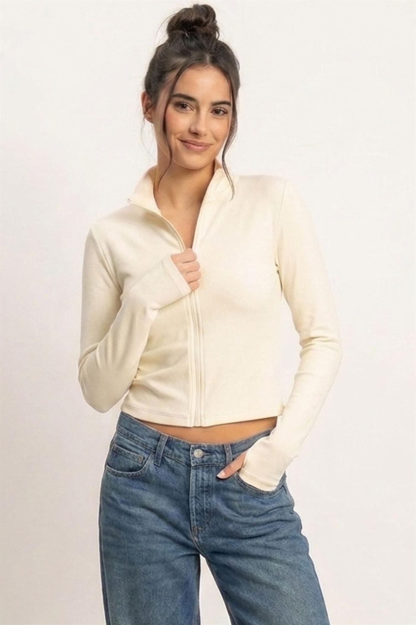 Wholesale Mock Neck Long Sleeve Zip Up Top Clothing Tops DZ26E911 CREAM DOUBLE ZERO