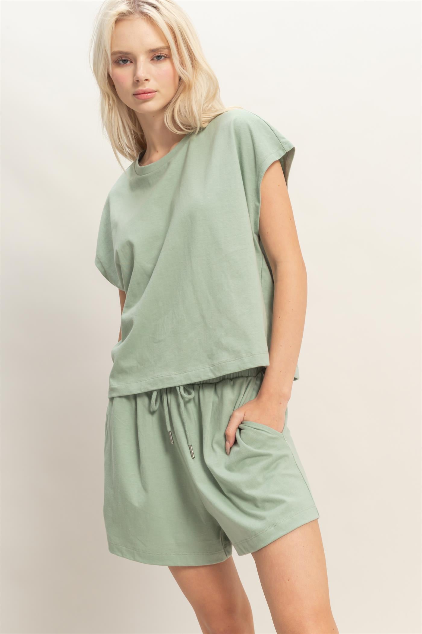 Wholesale Cap Sleeve Boxy Top And Shorts Set Clothing DZ26C543-SET SAGE GREEN DOUBLE ZERO