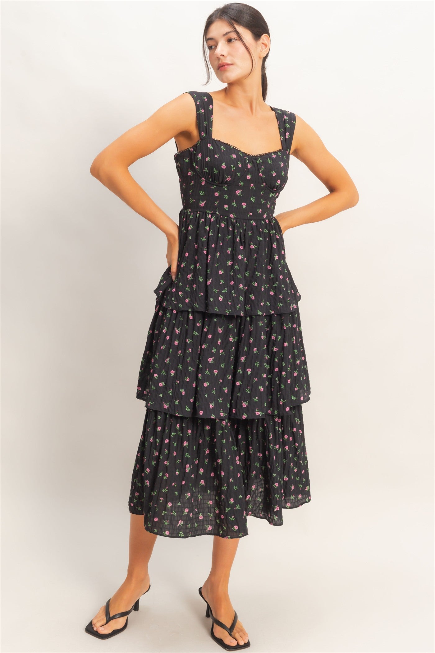 Wholesale Floral Tiered Dress With Boning Dresses HF26A142 BLACK HYFVE