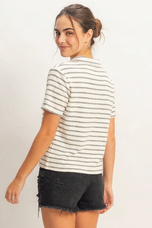 Wholesale Striped Polo Neck Short Sleeve Top Clothing Tops DZ25C161 BLACK/CREAM DOUBLE ZERO