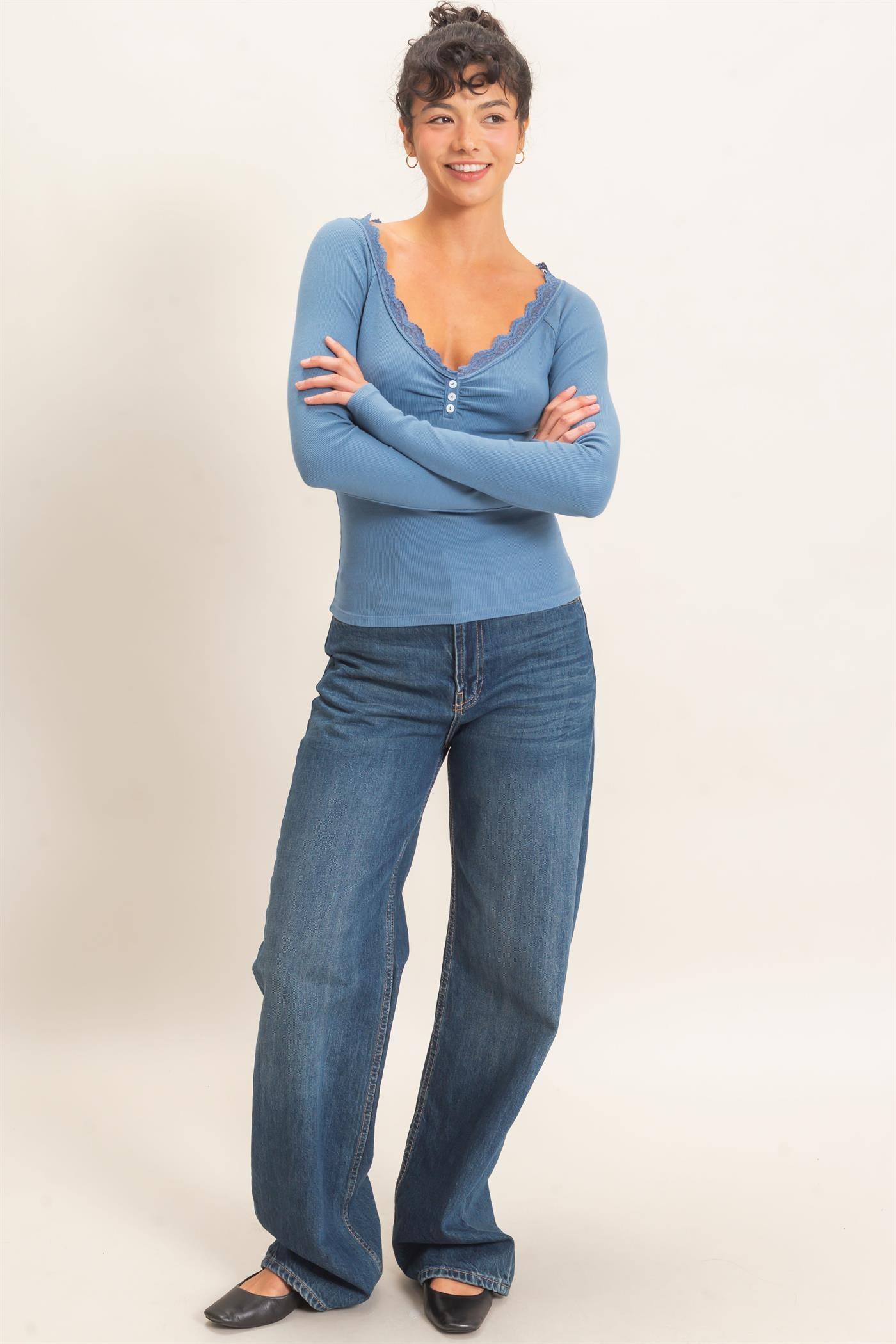 Wholesale Lace-Trim Henley Top Clothing Tops DZ26E325 DUSTY BLUE DOUBLE ZERO