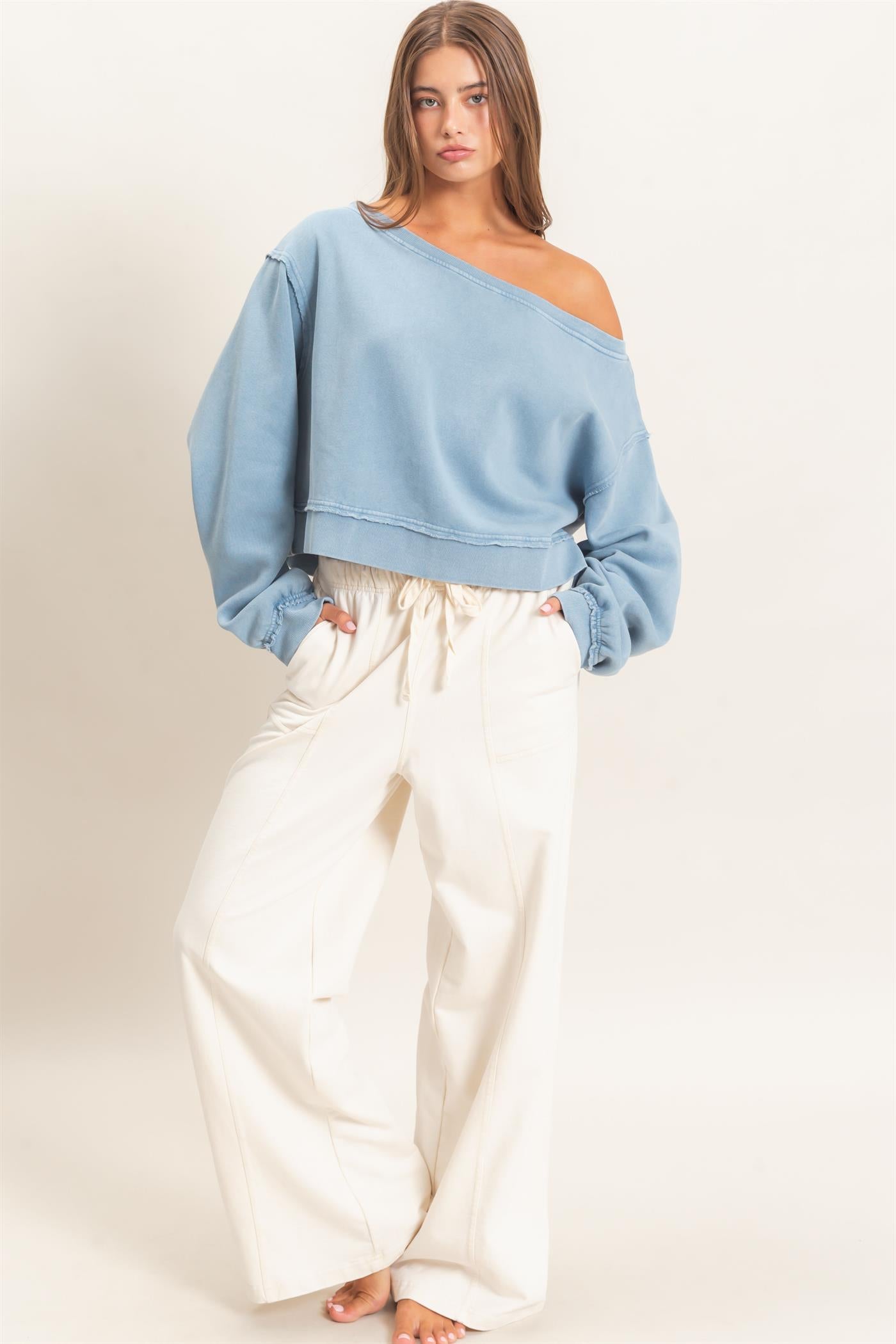 Wholesale Raw Edge Acid Wash Off The Shoulder Sweatshirt Sweatshirts DZ26F013 DUSTY BLUE DOUBLE ZERO