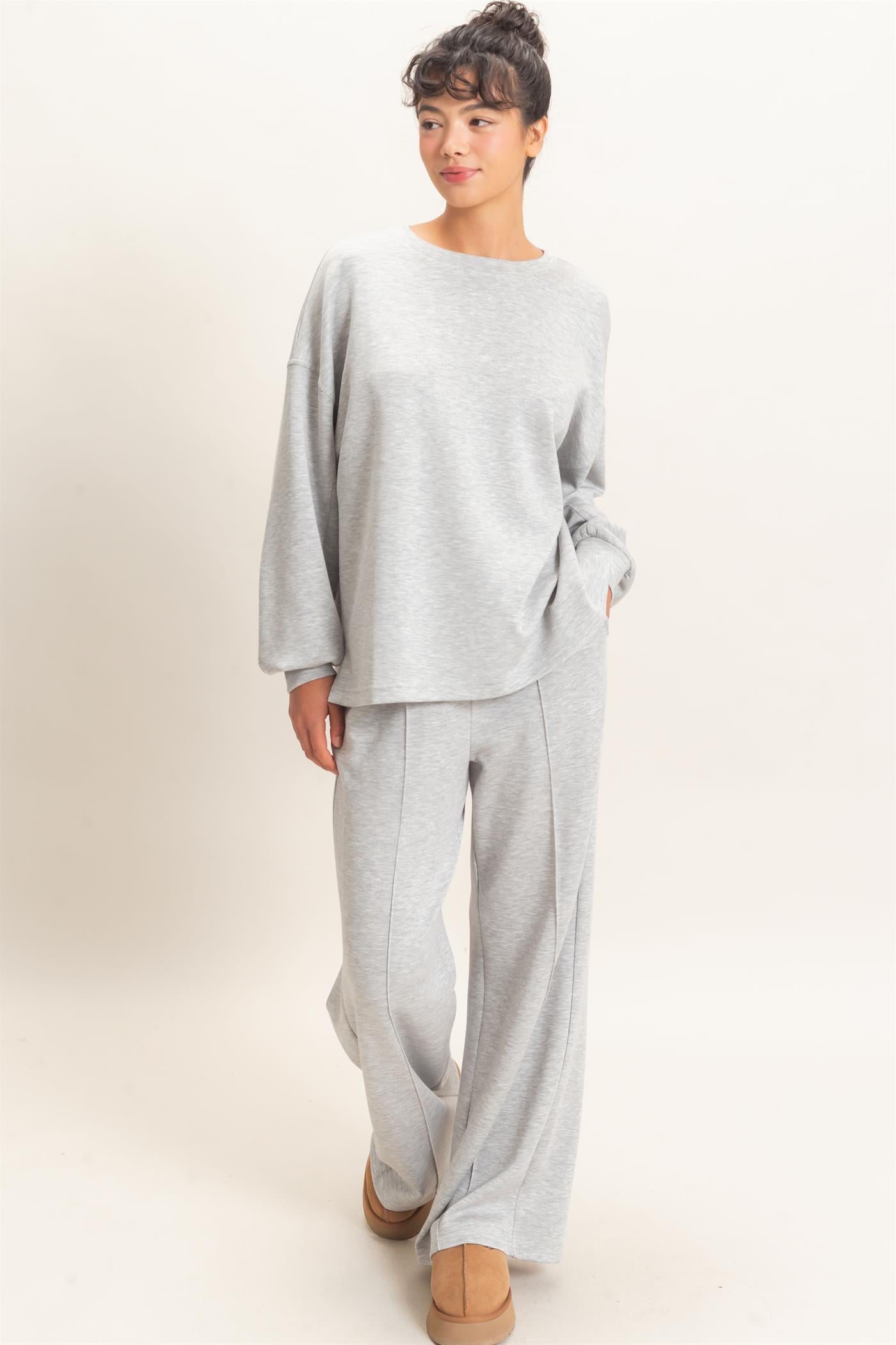 Wholesale Oversized Crew Neck Top Sweatshirts DZ26E388 HEATHER GRAY DOUBLE ZERO