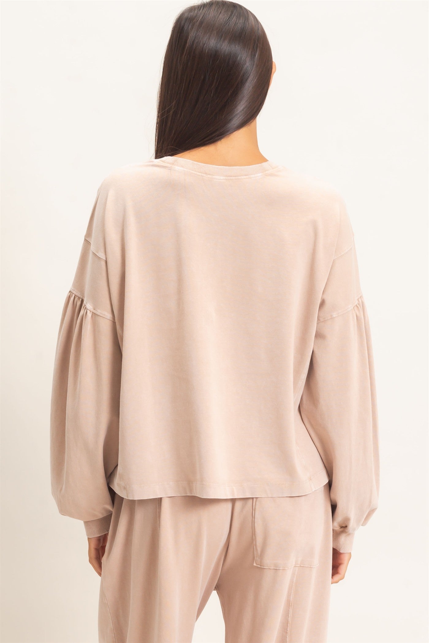 Wholesale Mineral Wash Puff Long Sleeve Boxy Top Clothing Tops DZ26F402 DARK TAUPE DOUBLE ZERO