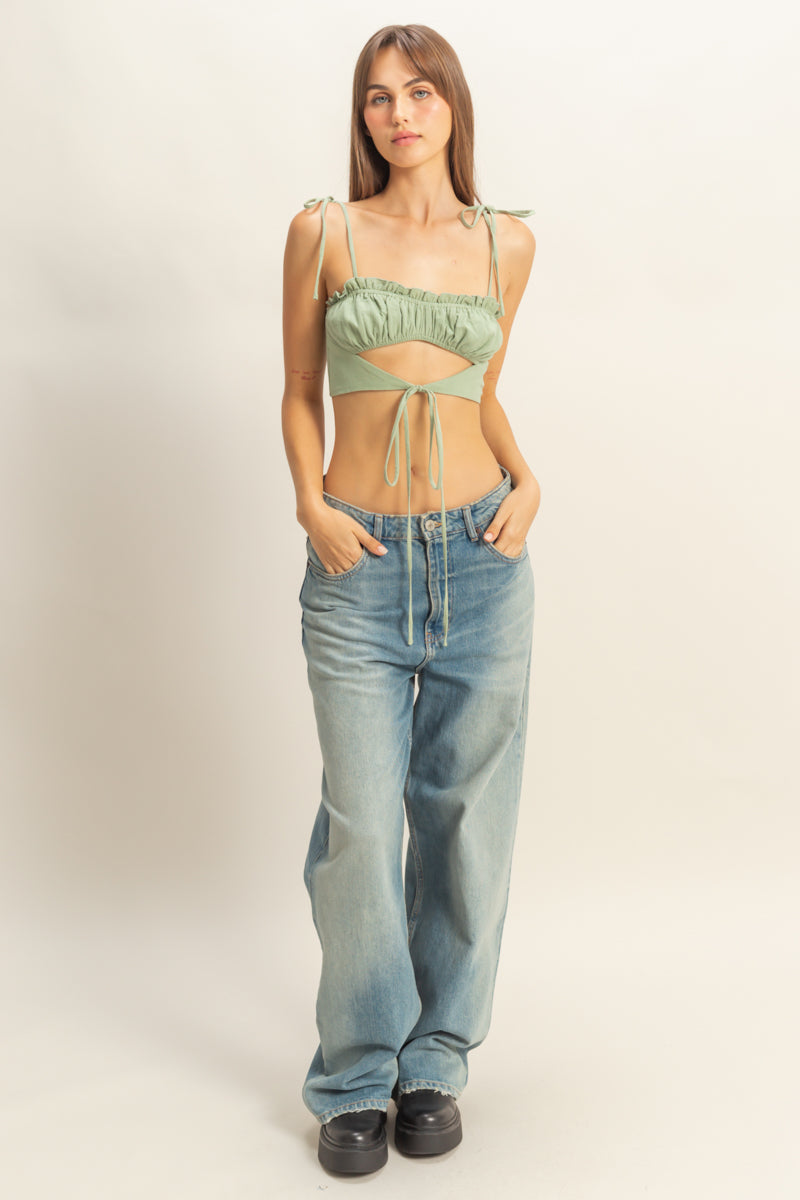 Wholesale Front Cutout Trim Tie Tank Top Clothing Tops HF22E834 SAGE HYFVE