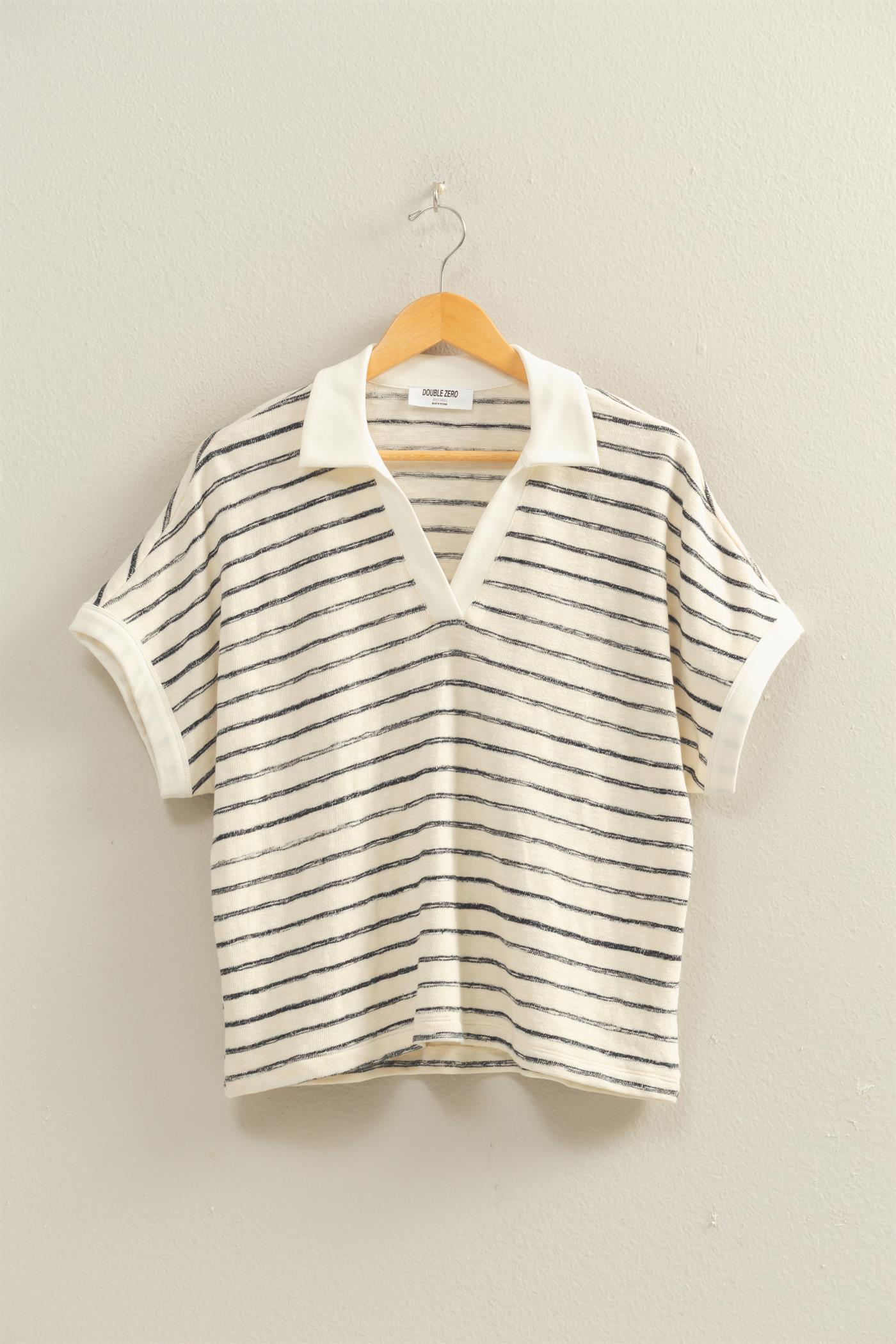 Wholesale Striped Dolman Sleeve V-Neck Collared Top Clothing Tops DZ26A452 BLACK DOUBLE ZERO