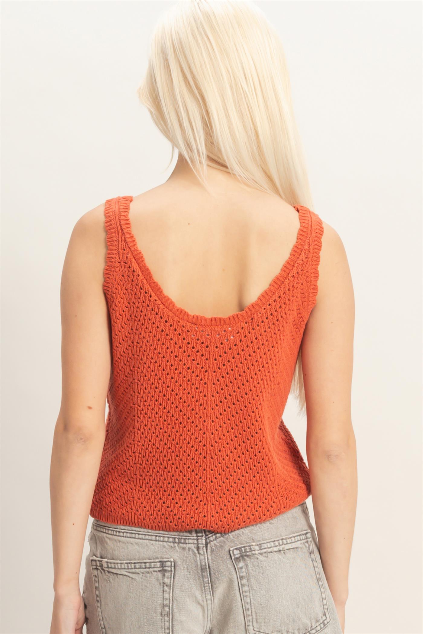 Wholesale Open Knit Scallop Edge Button Front Tank Top Tank Tops DZ26A221 RUST DOUBLE ZERO
