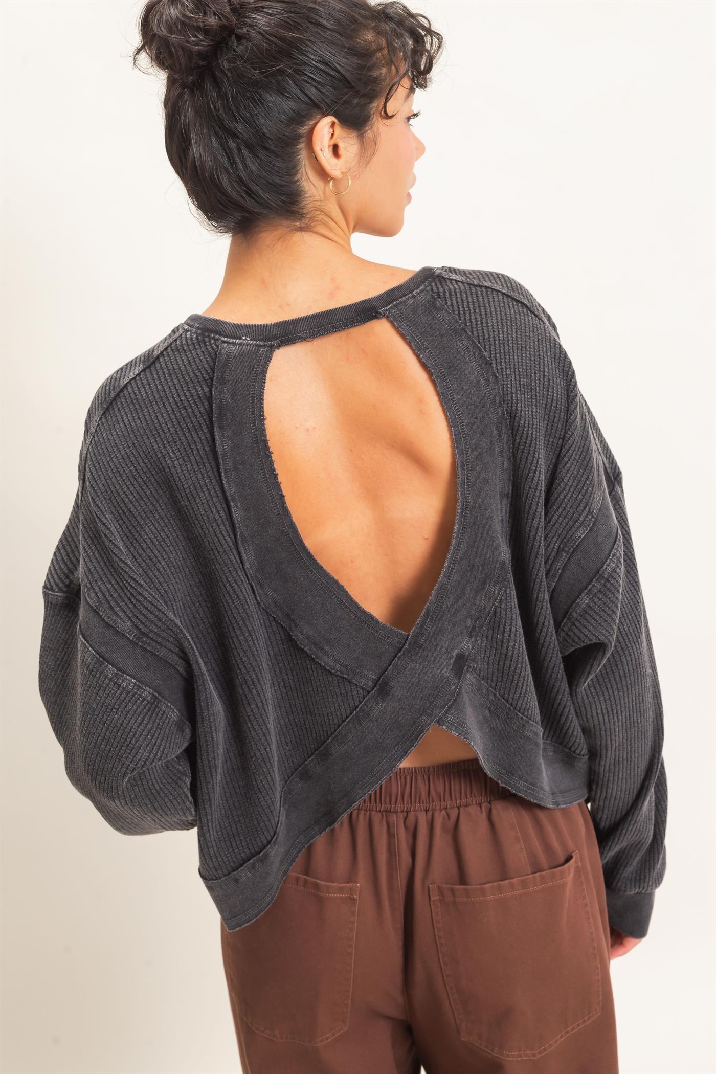 Wholesale Mineral Wash Waffle Open Back Top Clothing Tops DZ26C964 BLACK DOUBLE ZERO