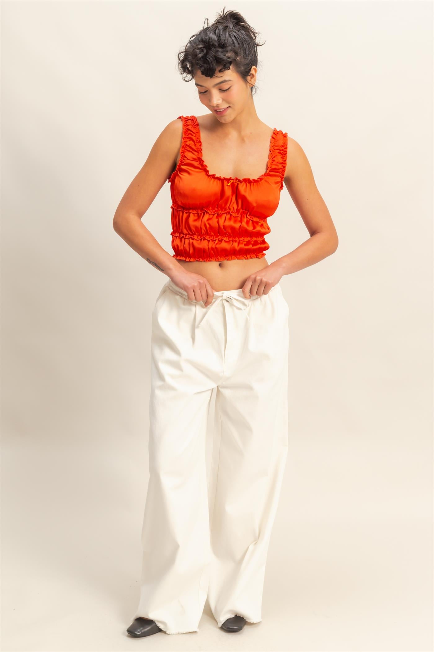 Wholesale Ruched Satin Sleeveless Crop Top Clothing Tops DZ25C172 TOMATO DOUBLE ZERO