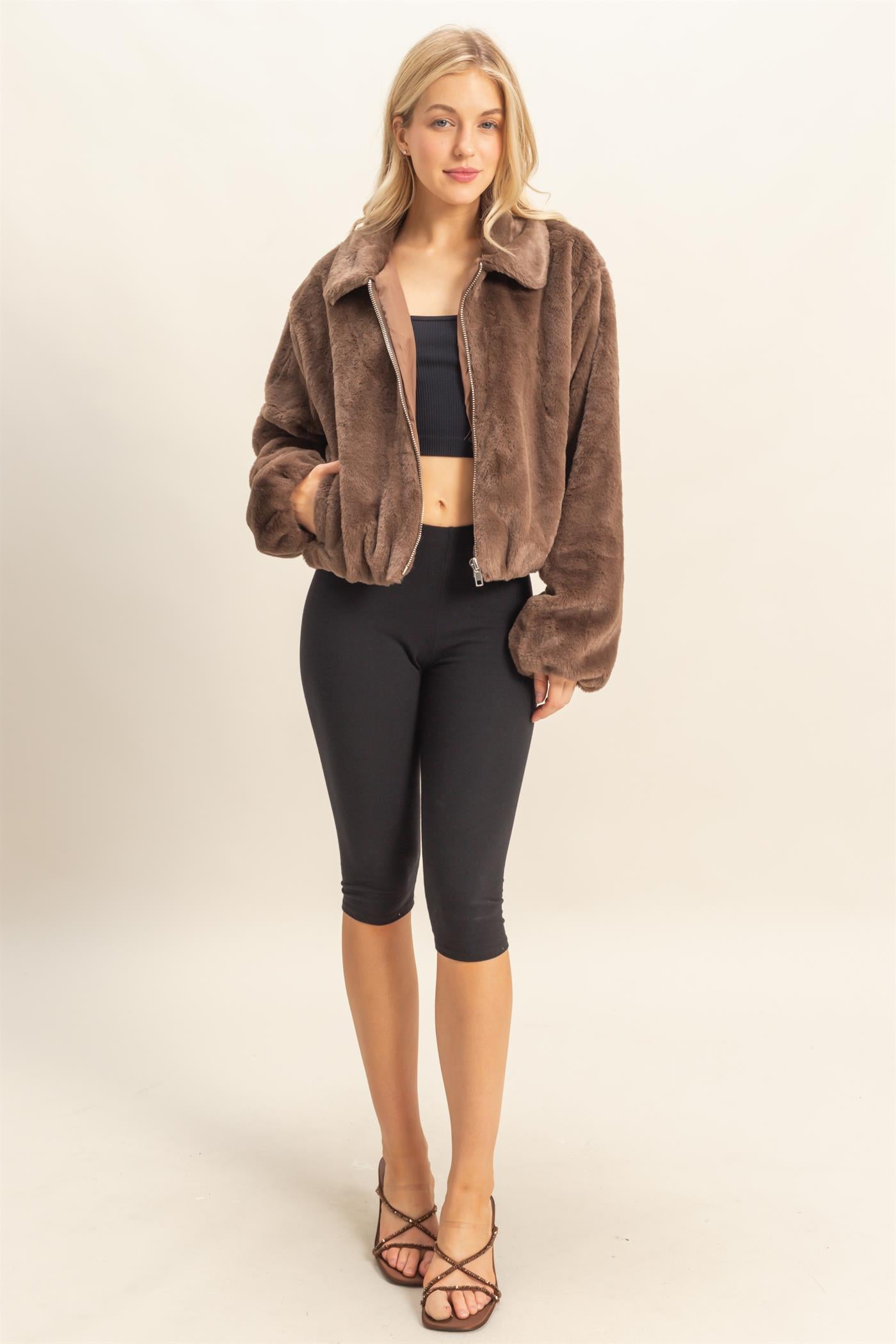 Wholesale Faux Fur Zip Up Jacket With Plush Collar Coats & Jackets HF25E940 BROWN HYFVE