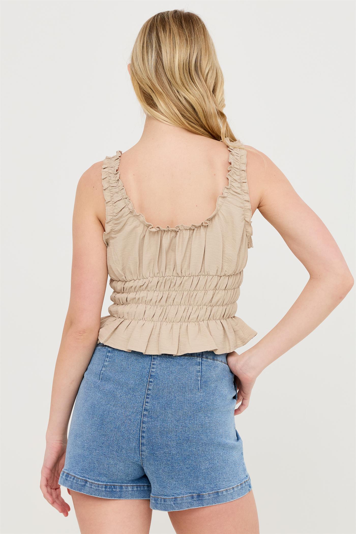 Wholesale Ruched Square Neck Smocked Top Clothing Tops HF26E388-D DARK TAUPE HYFVE