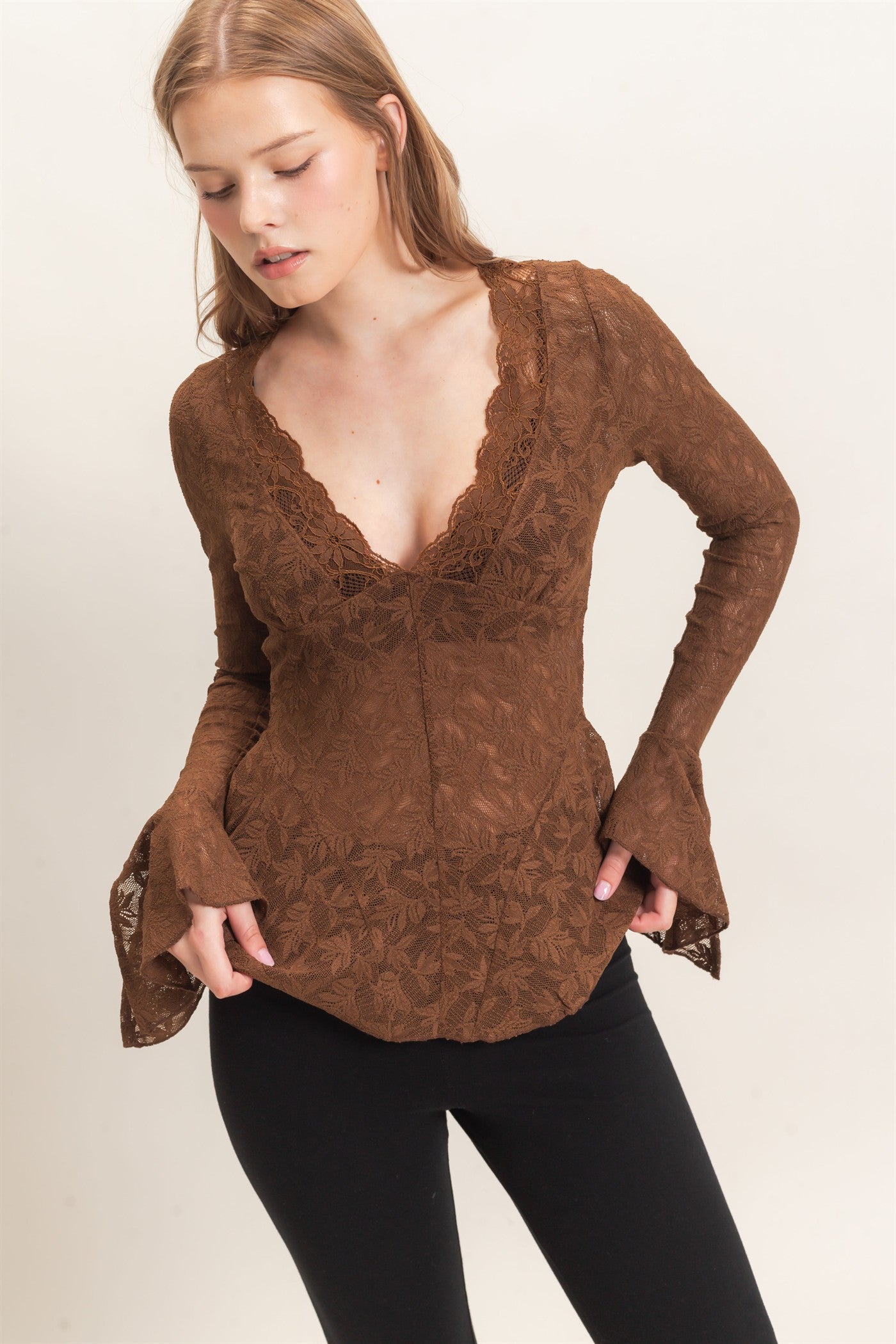 Wholesale Lace V-Neck Flare Sleeve Top Clothing Tops HF26E359 BROWN HYFVE