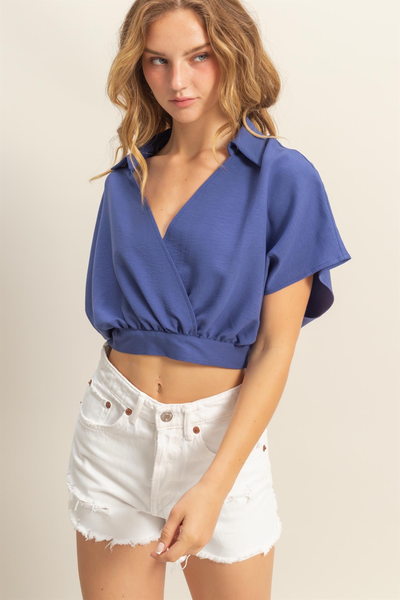 Wholesale Casual Batwing Sleeves Surplice Top Blouses DZ25C243 DUSTY INDIGO DOUBLE ZERO
