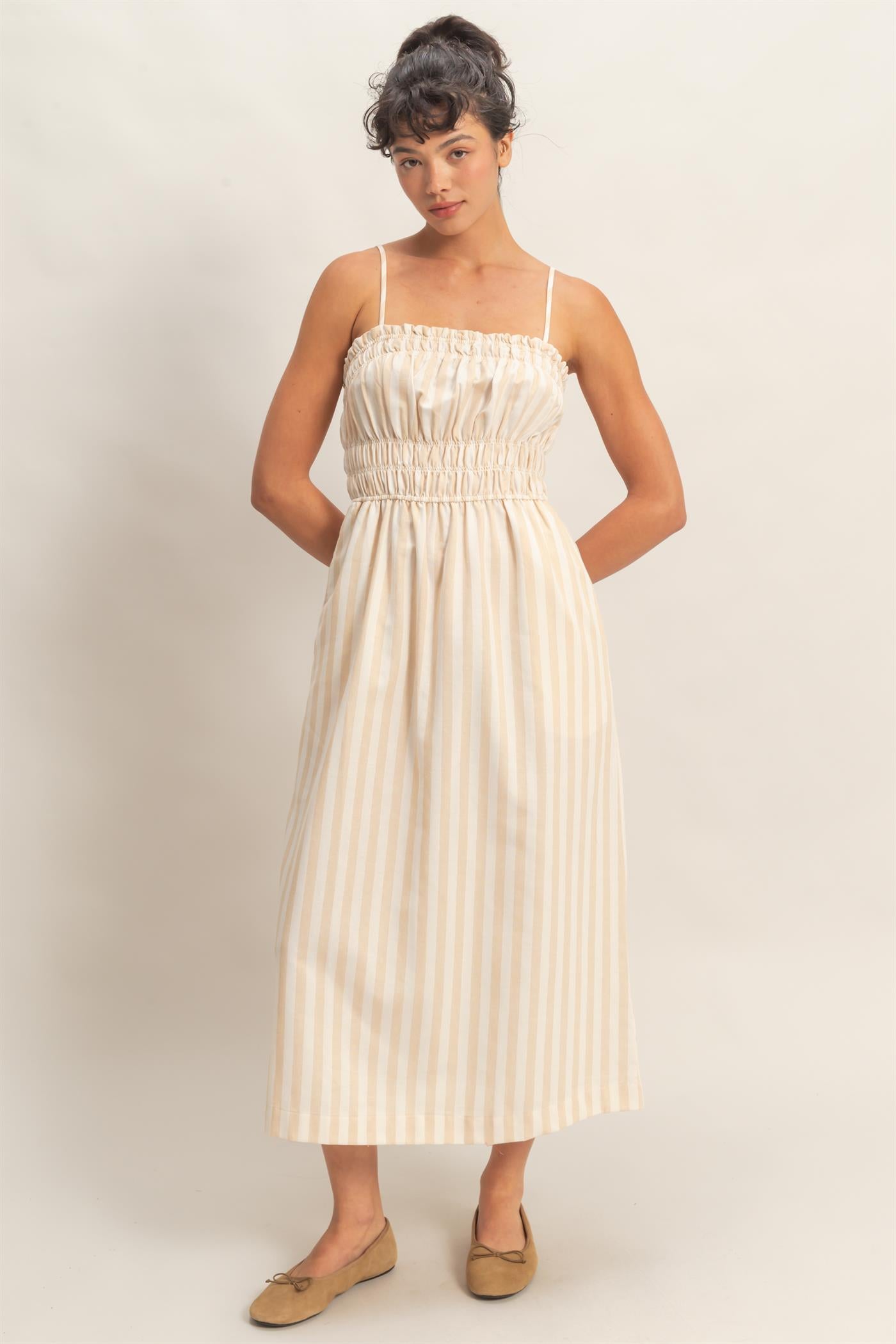 Wholesale Striped Spaghetti Strap Smocking Midi Dress Dresses DZ26C191 TAUPE DOUBLE ZERO