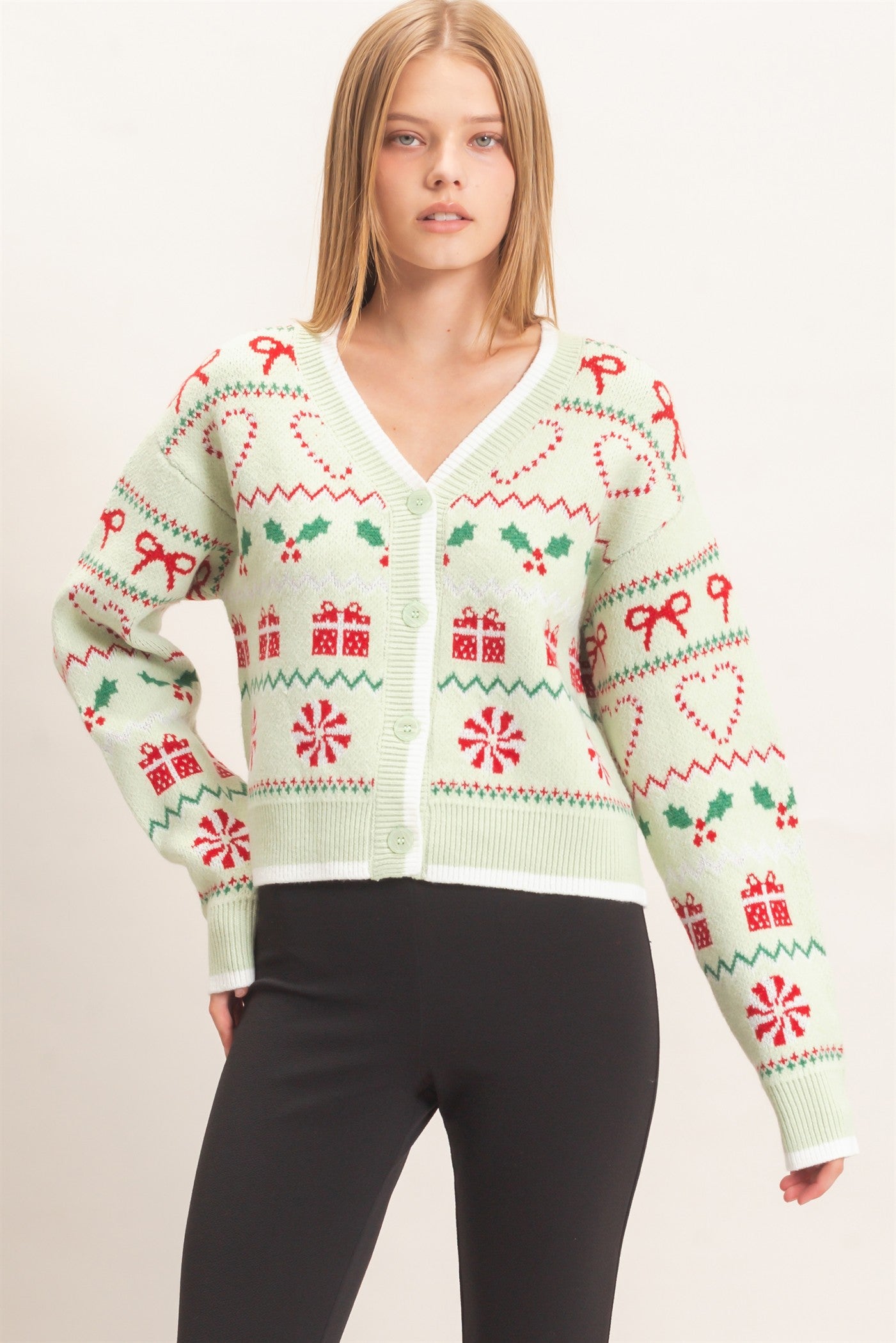 Wholesale Holiday Jacquard V-Neck Cardigan Cardigans HF26E919 SAGE GREEN HYFVE