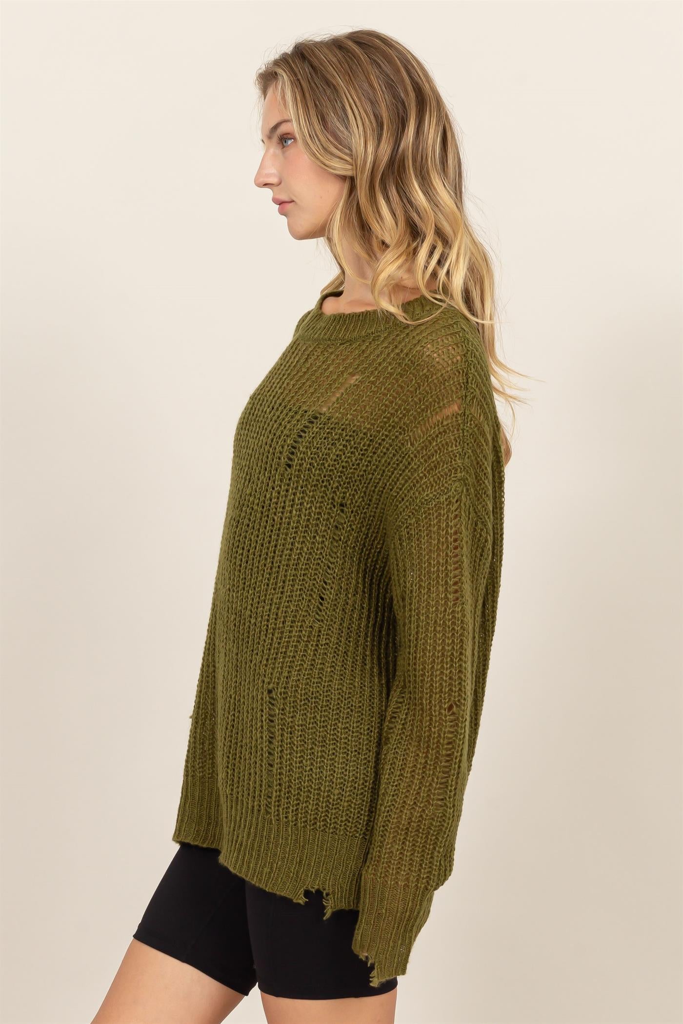 Wholesale Distressed Knit Sweater Sweaters DZ23F192 MOSS DOUBLE ZERO