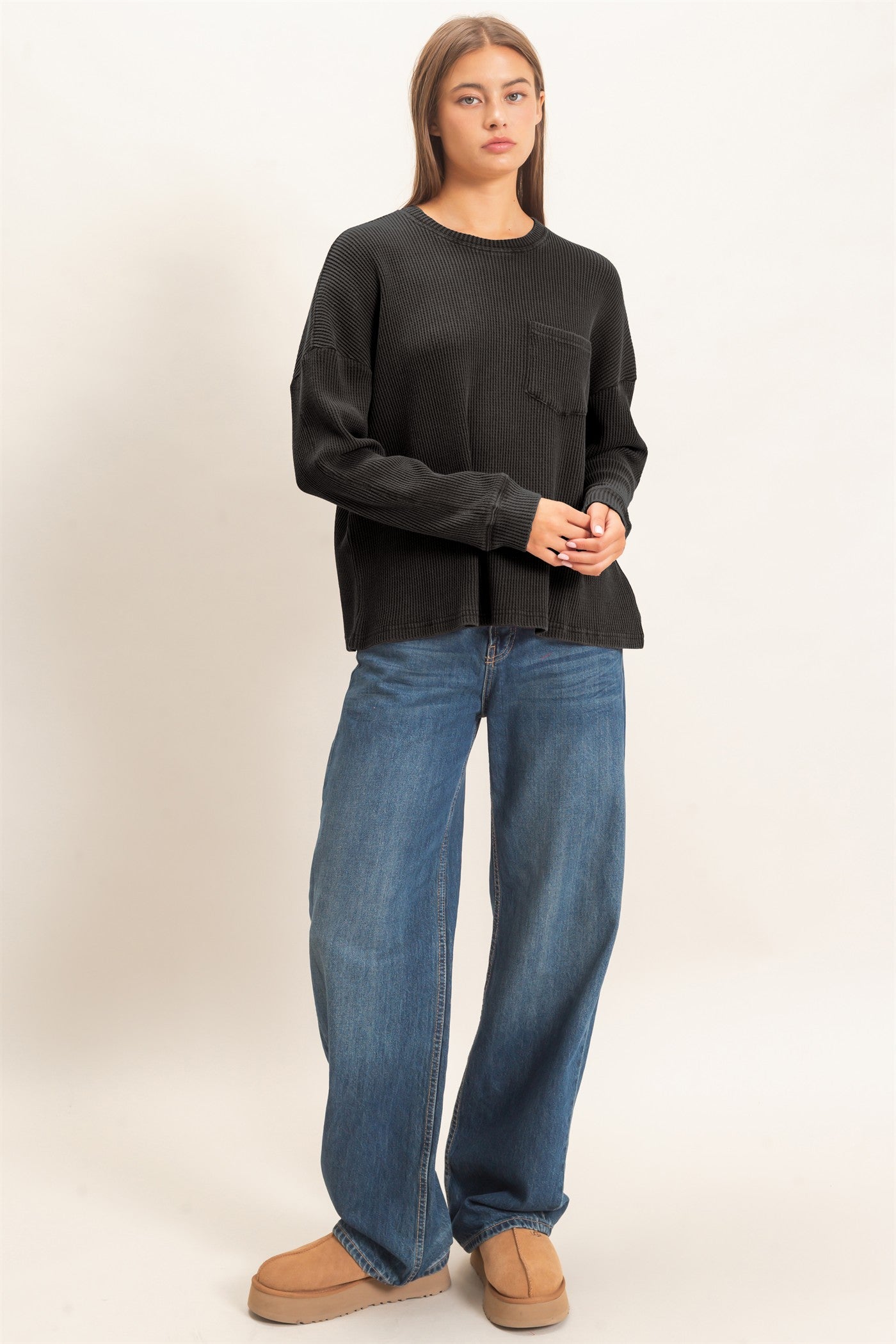 Wholesale Mineral Wash Waffle Long Sleeve Top Clothing Tops DZ26F242 BLACK DOUBLE ZERO