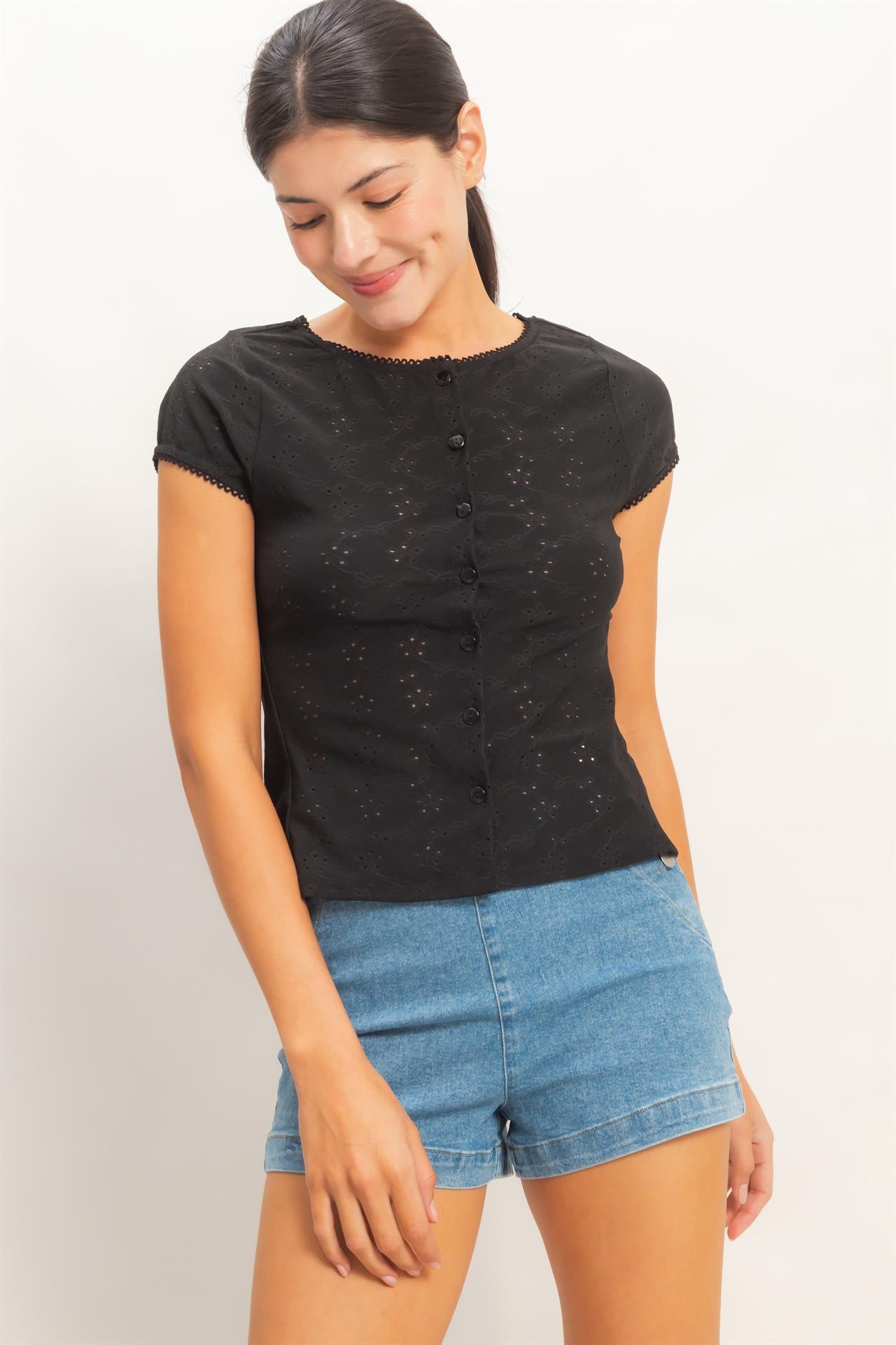 Wholesale Eyelet Button Front Knit Top Clothing Tops HF26C094 BLACK HYFVE