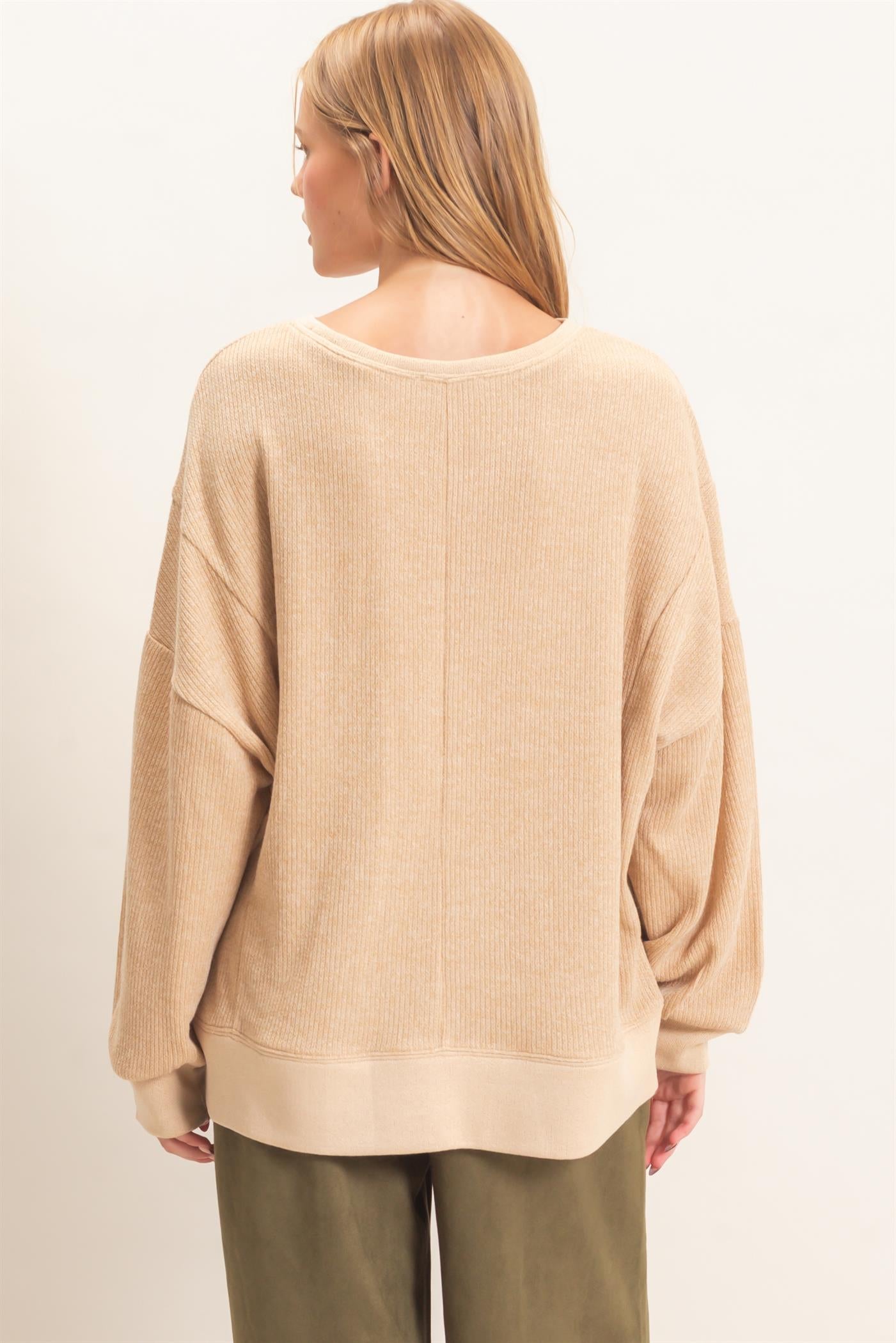 Wholesale Ribbed Boat Neck Knit Top Clothing Tops HF26E852 CAMEL HYFVE