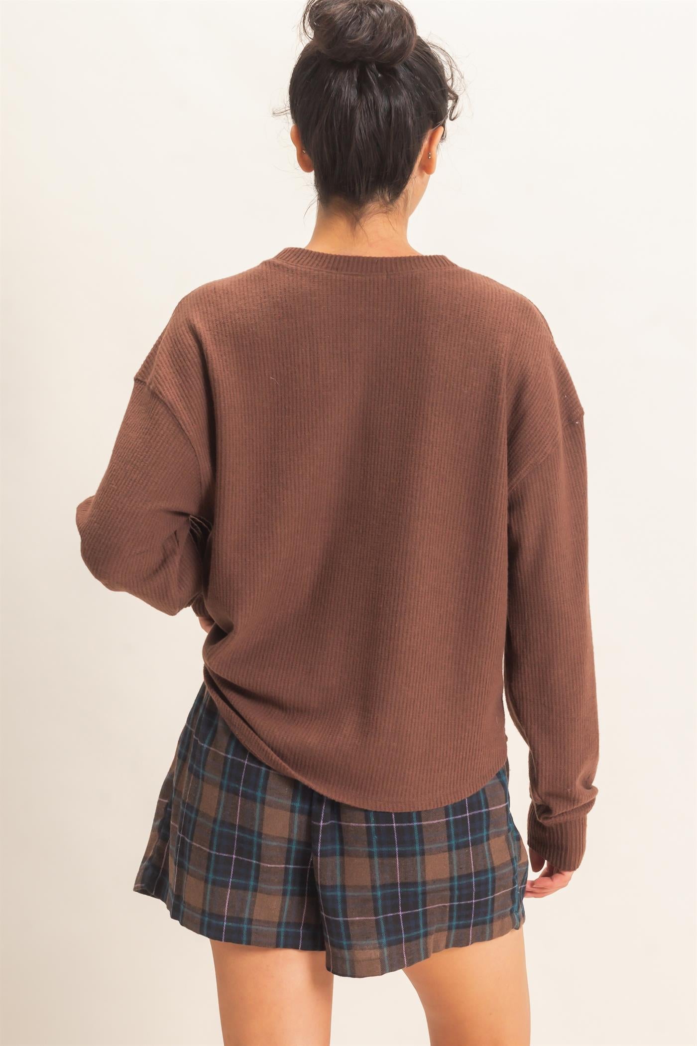 Wholesale Brushed Waffle Henley Top Clothing Tops DZ26F314 DARK BROWN DOUBLE ZERO
