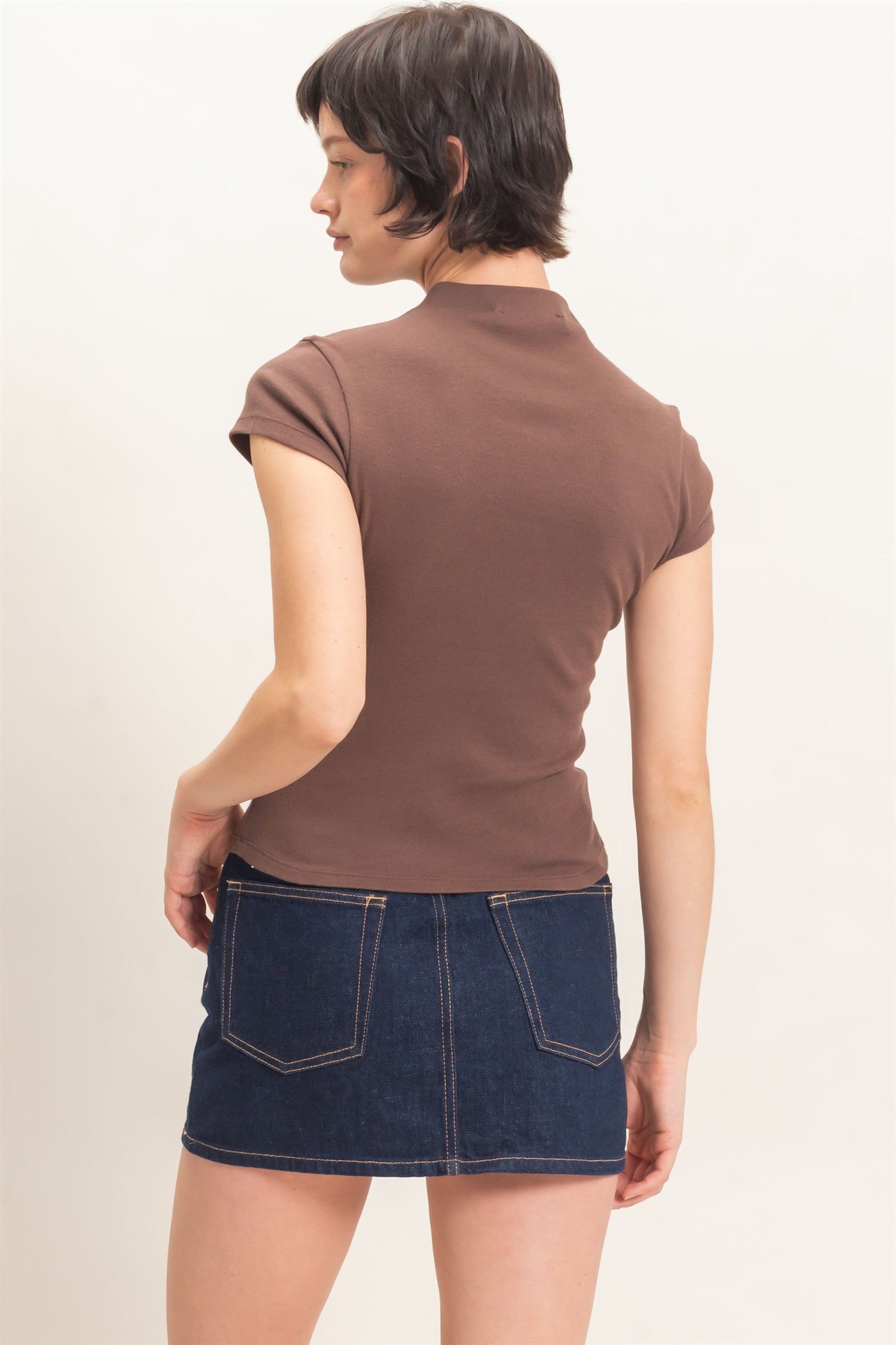 Wholesale Mock Neck Cap Sleeve Top Clothing Tops DZ26E323 DARK BROWN DOUBLE ZERO