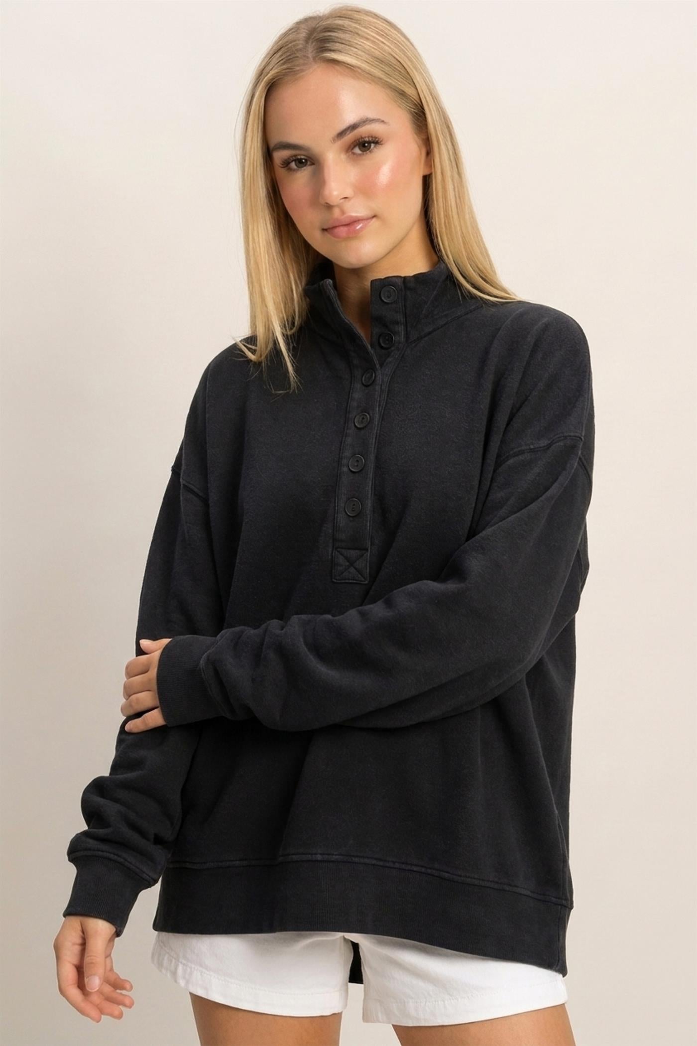Wholesale Mineral Wash Button Front Sweatshirt Sweatshirts DZ26C909 BLACK DOUBLE ZERO