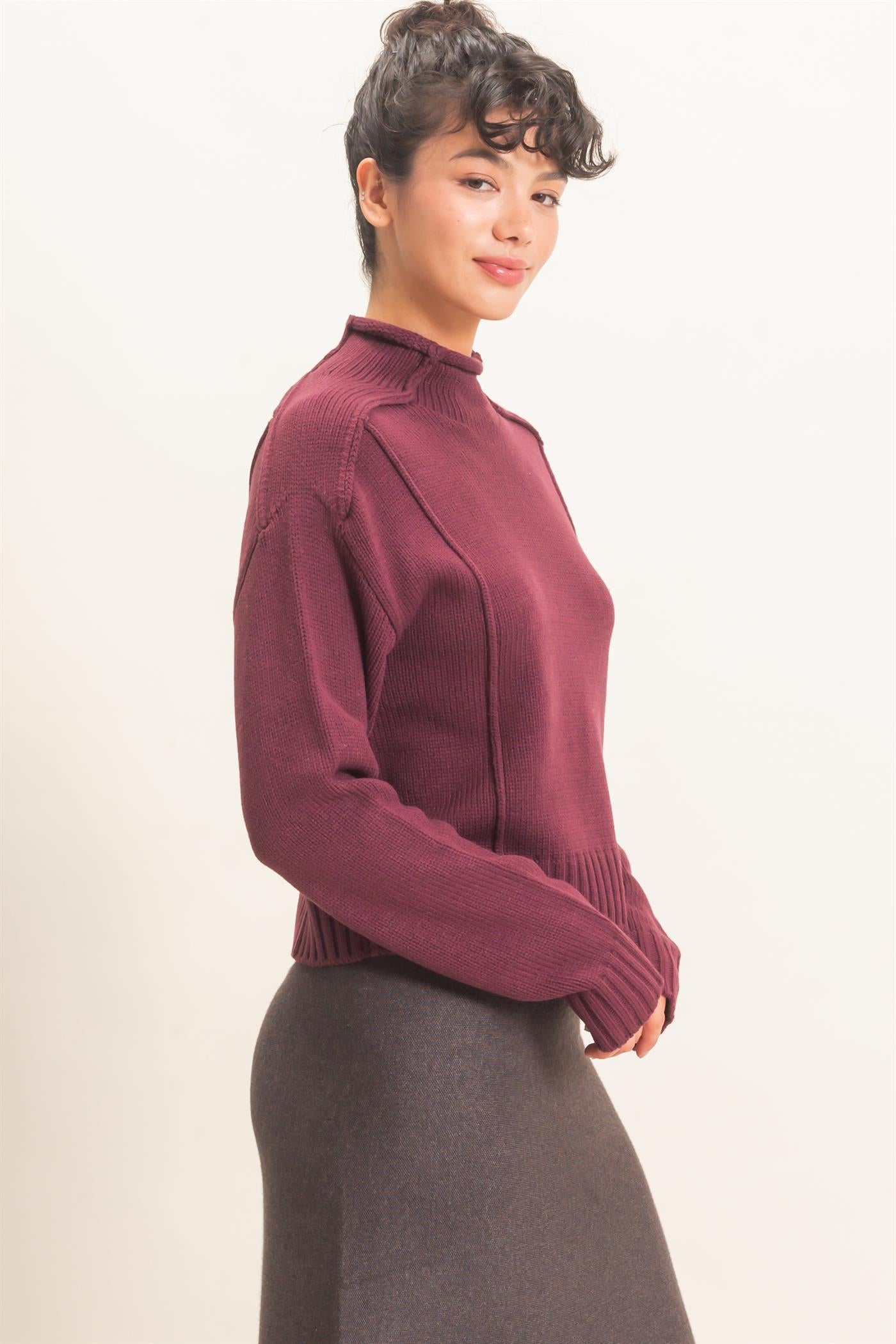 Wholesale Roll Neck Sweater With Reversed Seam Sweaters DZ26E271 DARK CHERRY DOUBLE ZERO