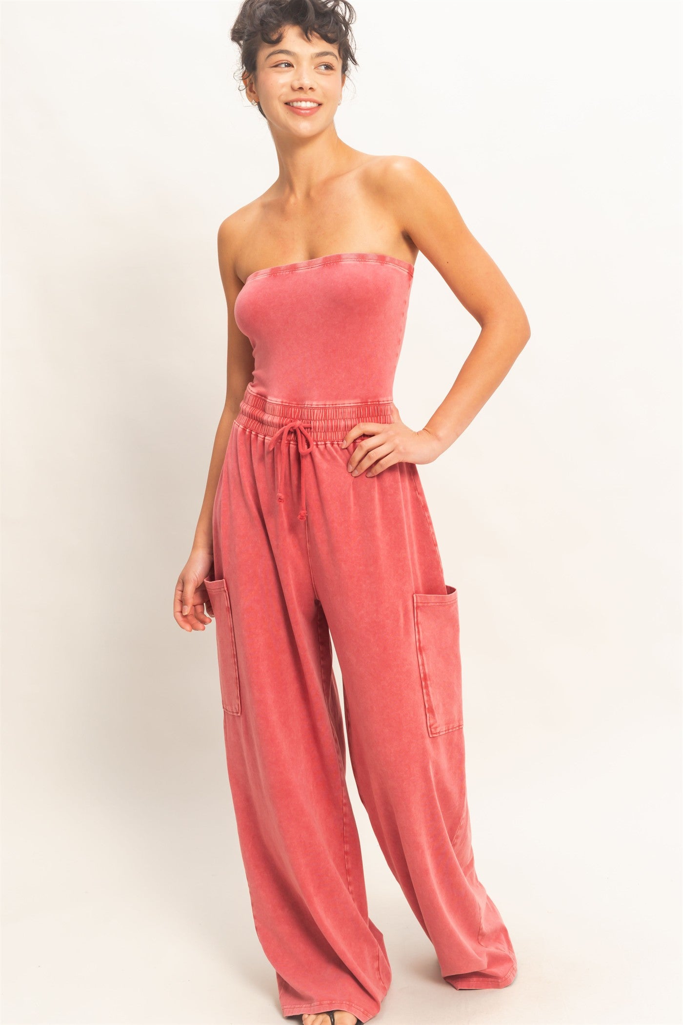 Wholesale Mineral Wash Strapless Wide-Leg Jumpsuit Clothing DZ26C376 DARK RED DOUBLE ZERO