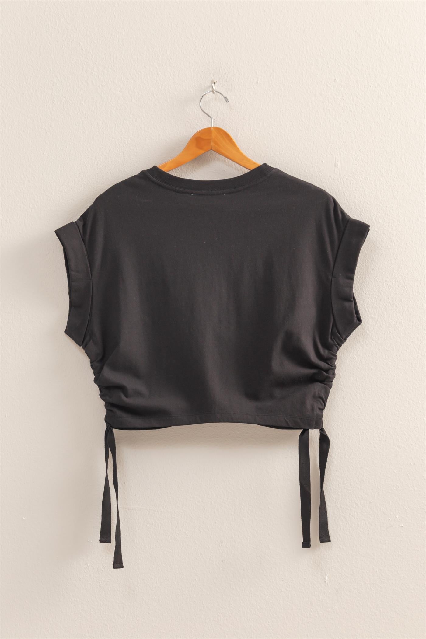 Wholesale Short Sleeve Side Tie Detail Top Clothing Tops DZ25C113 BLACK DOUBLE ZERO